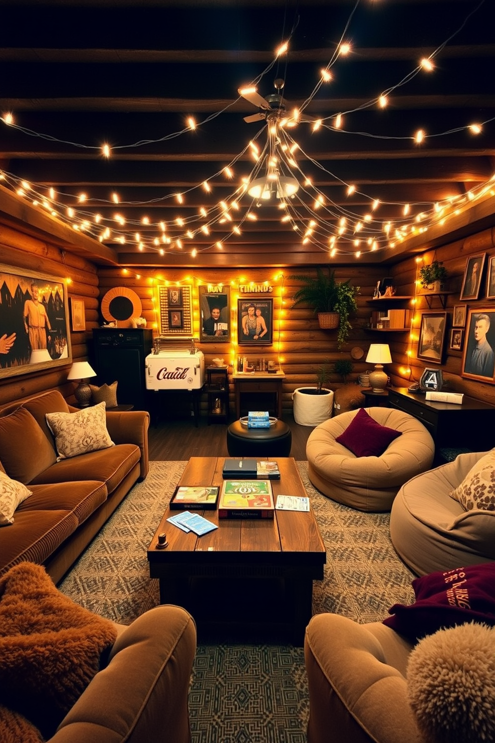 A cozy game room filled with warmth and charm. The space features warm lighting created by string lights draped across the ceiling, casting a soft glow over the room. Comfortable seating arrangements include plush sofas and bean bags, inviting friends and family to relax and enjoy. A rustic wooden coffee table sits at the center, surrounded by board games and snacks, perfect for game nights.