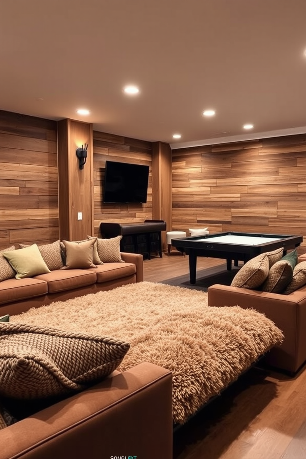 A cozy game room filled with textured cushions in earthy tones creates a warm and inviting atmosphere. The walls are adorned with rustic wooden panels, and a large plush rug anchors the seating area, inviting relaxation and fun.