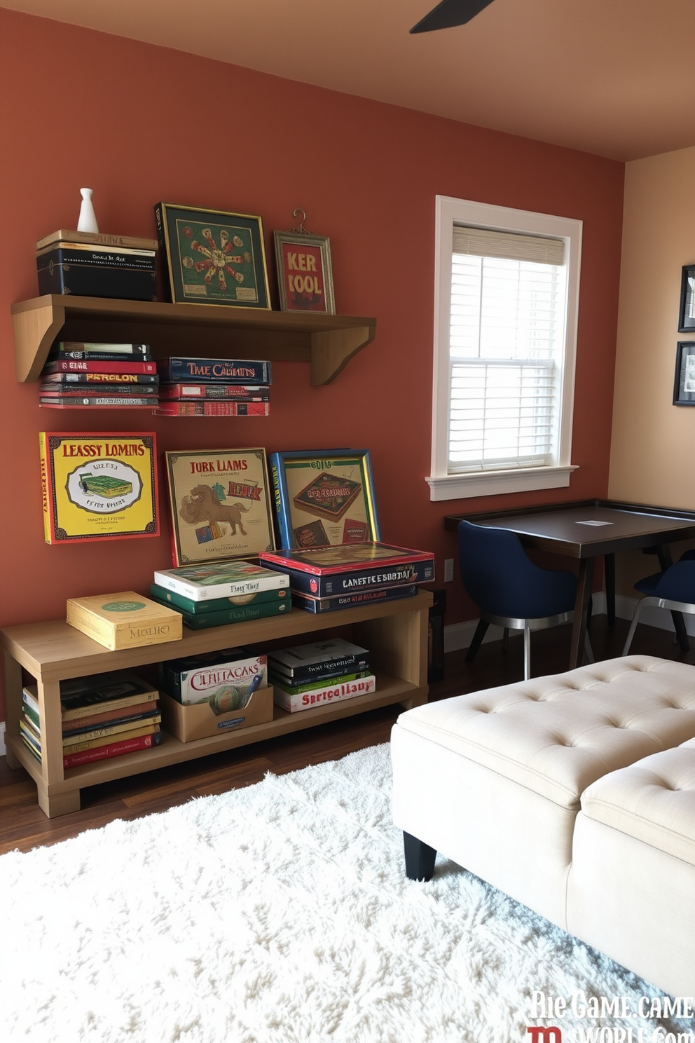 A cozy game room featuring vintage board games displayed on a rustic wooden shelf. The walls are painted in warm earthy tones, and a plush area rug adds comfort underfoot.