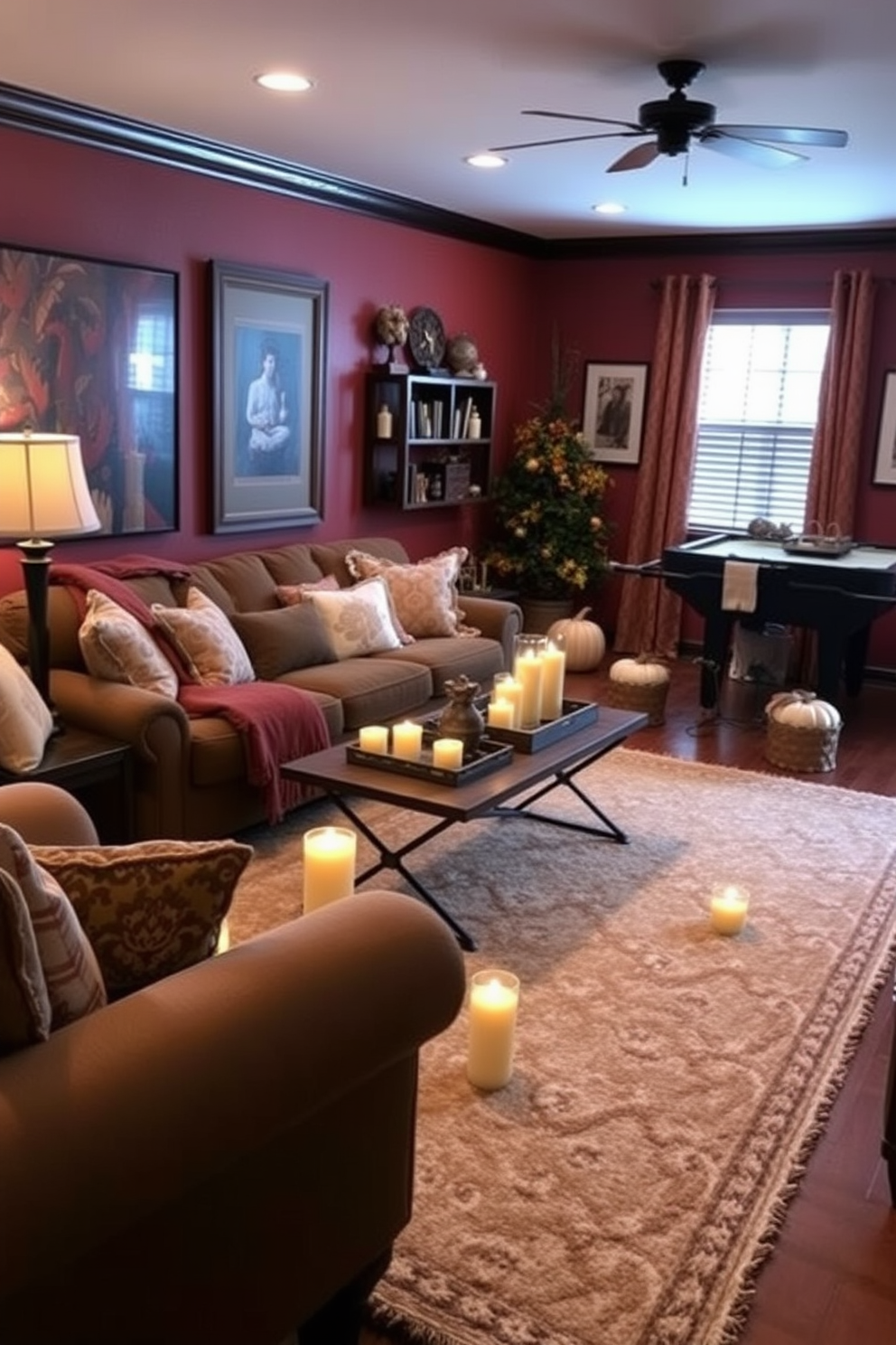 A cozy game room filled with seasonal scented candles that create a warm and inviting ambiance. The walls are adorned with rich autumn colors, and plush seating is arranged around a central coffee table, inviting friends and family to gather. Decorative elements include a mix of rustic wooden accents and soft textiles that enhance the fall theme. A large, comfortable area rug anchors the space, while strategically placed candles in various sizes add a touch of elegance and warmth.