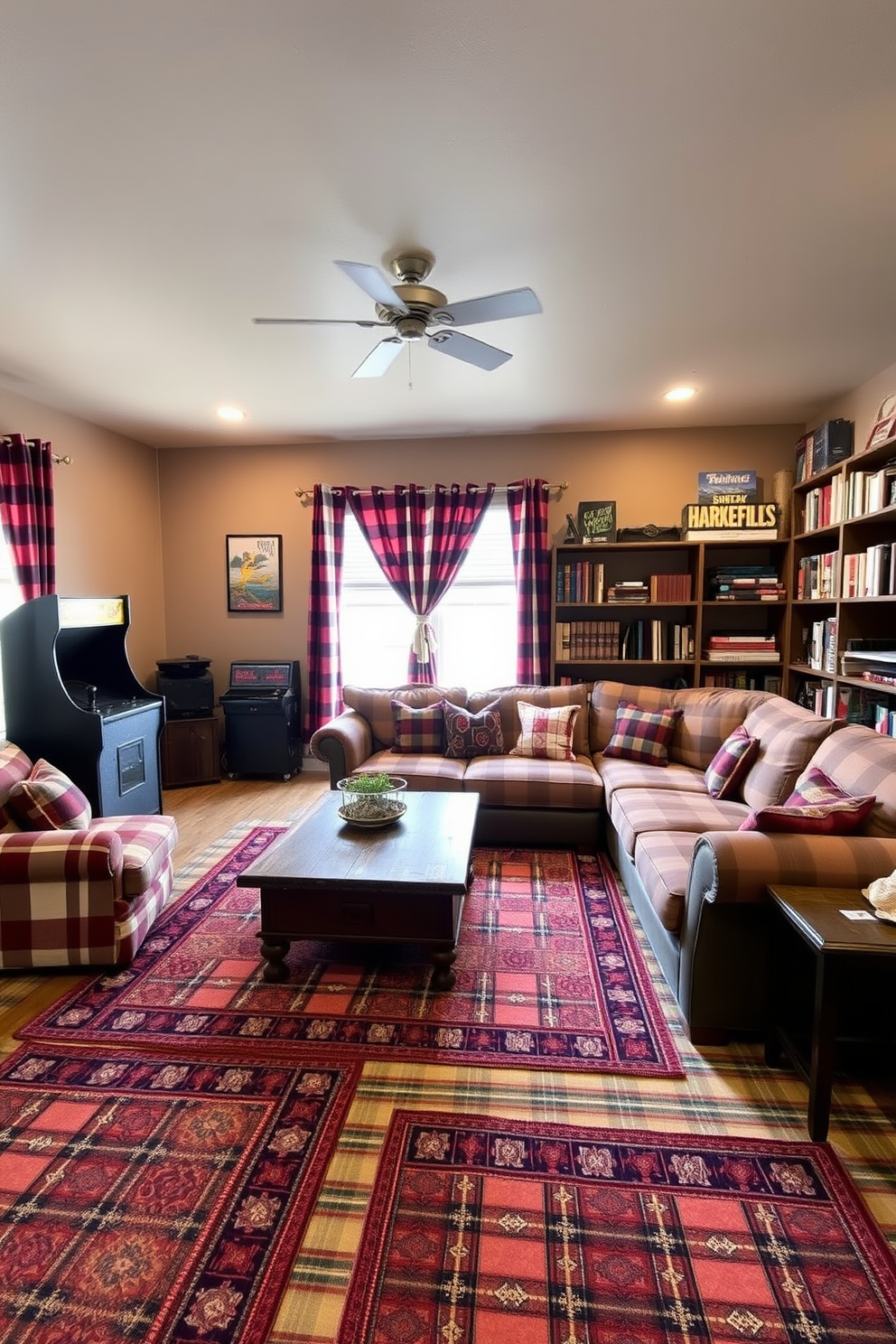 A cozy game room featuring plaid patterns on both the rugs and curtains. The walls are painted in a warm taupe color, and a large sectional sofa is arranged around a rustic wooden coffee table. In one corner, a vintage arcade machine adds a playful touch to the space. Shelves lined with board games and books create an inviting atmosphere, perfect for gathering with friends and family.