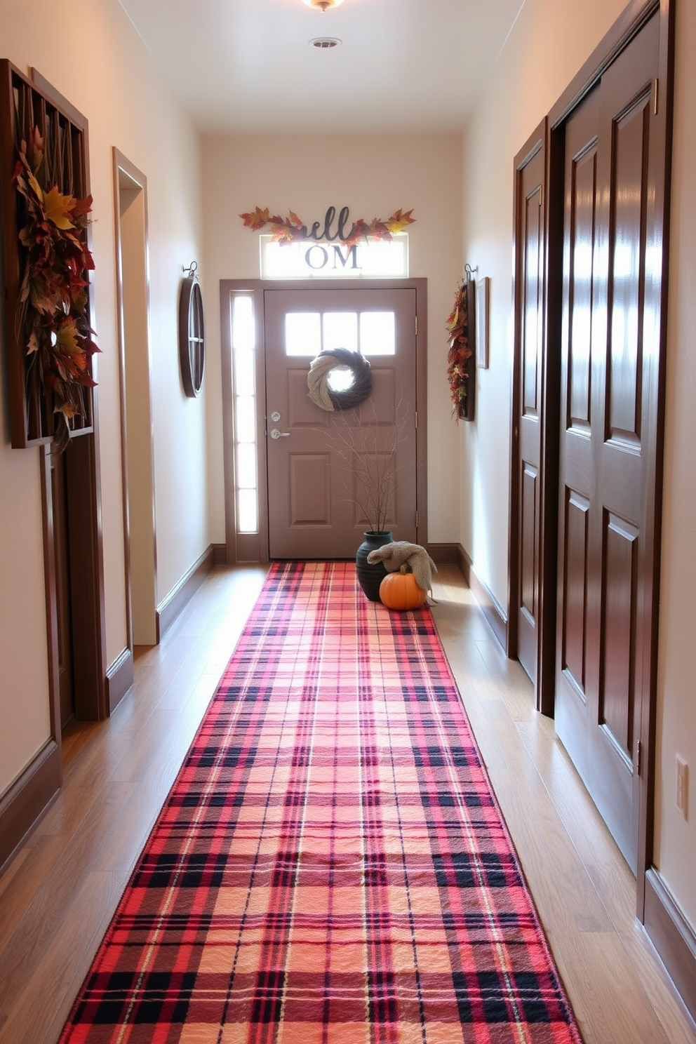 A warm plaid runner stretches along the hallway floor, adding a cozy touch to the space. The walls are adorned with seasonal decor featuring autumn leaves and soft lighting to create an inviting atmosphere.