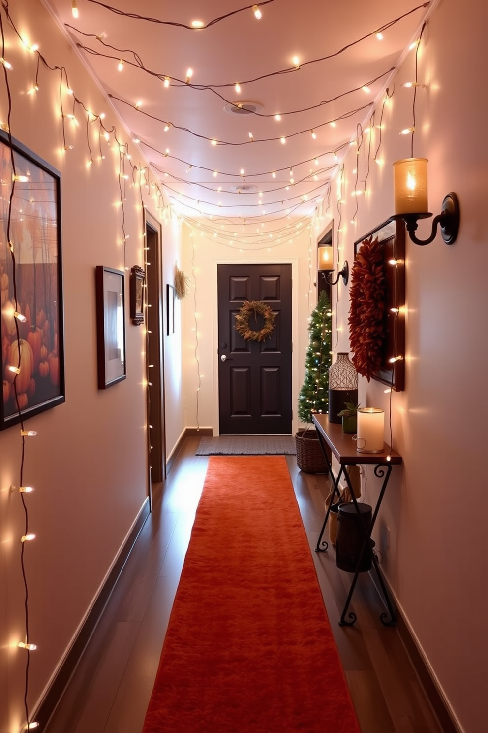 A cozy fall hallway decorated with string lights that create a warm and inviting glow. The walls are adorned with autumn-themed artwork, and a plush runner rug in rich orange tones adds warmth to the space.