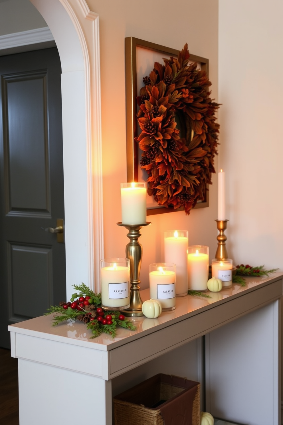 A cozy hallway adorned with seasonal scented candles arranged elegantly on a sleek console table. The warm glow of the candles complements the rich autumn colors of the decor, creating an inviting atmosphere.