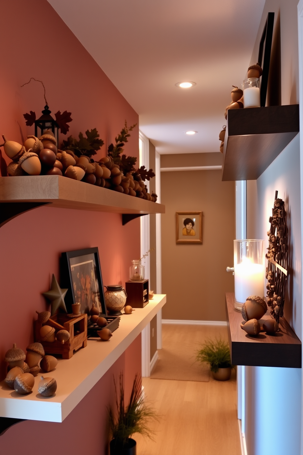 Decorative acorns are artfully scattered across various shelves, adding a touch of nature and warmth to the space. The shelves are adorned with subtle autumn-themed decor, creating a cozy and inviting atmosphere in the hallway. The hallway features soft, ambient lighting that highlights the acorns and other seasonal decorations. Rich, earthy tones in the wall color complement the natural elements, enhancing the overall fall aesthetic.