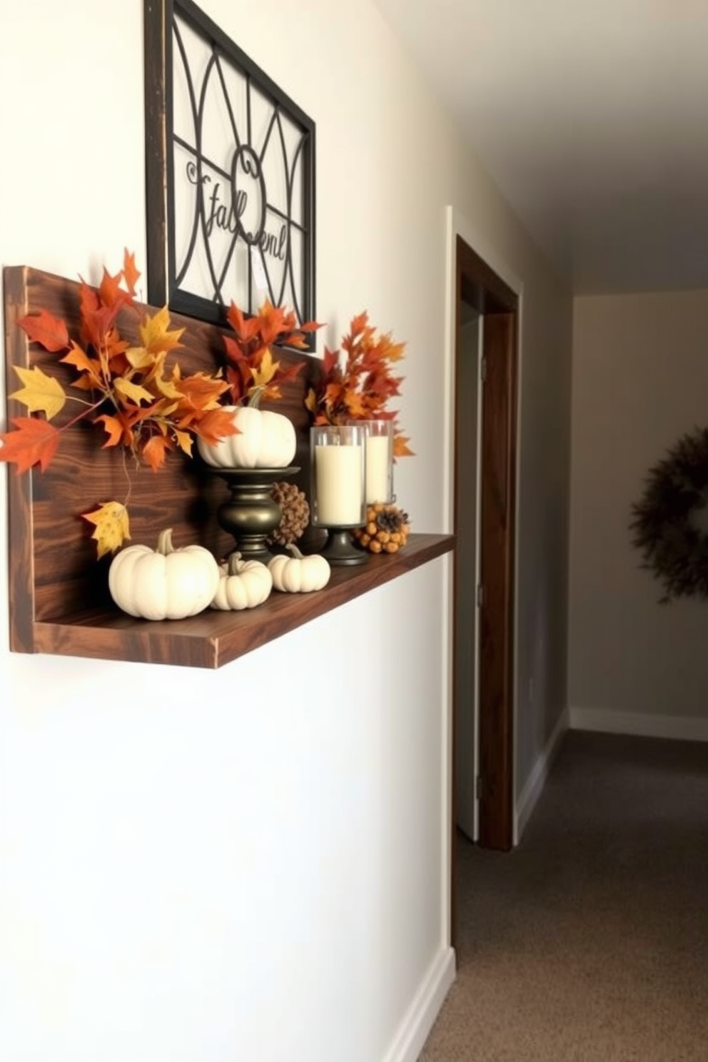 A cozy hallway adorned with a wall-mounted shelf displaying an array of fall decor. The shelf features small pumpkins, autumn leaves, and scented candles, creating a warm and inviting atmosphere.