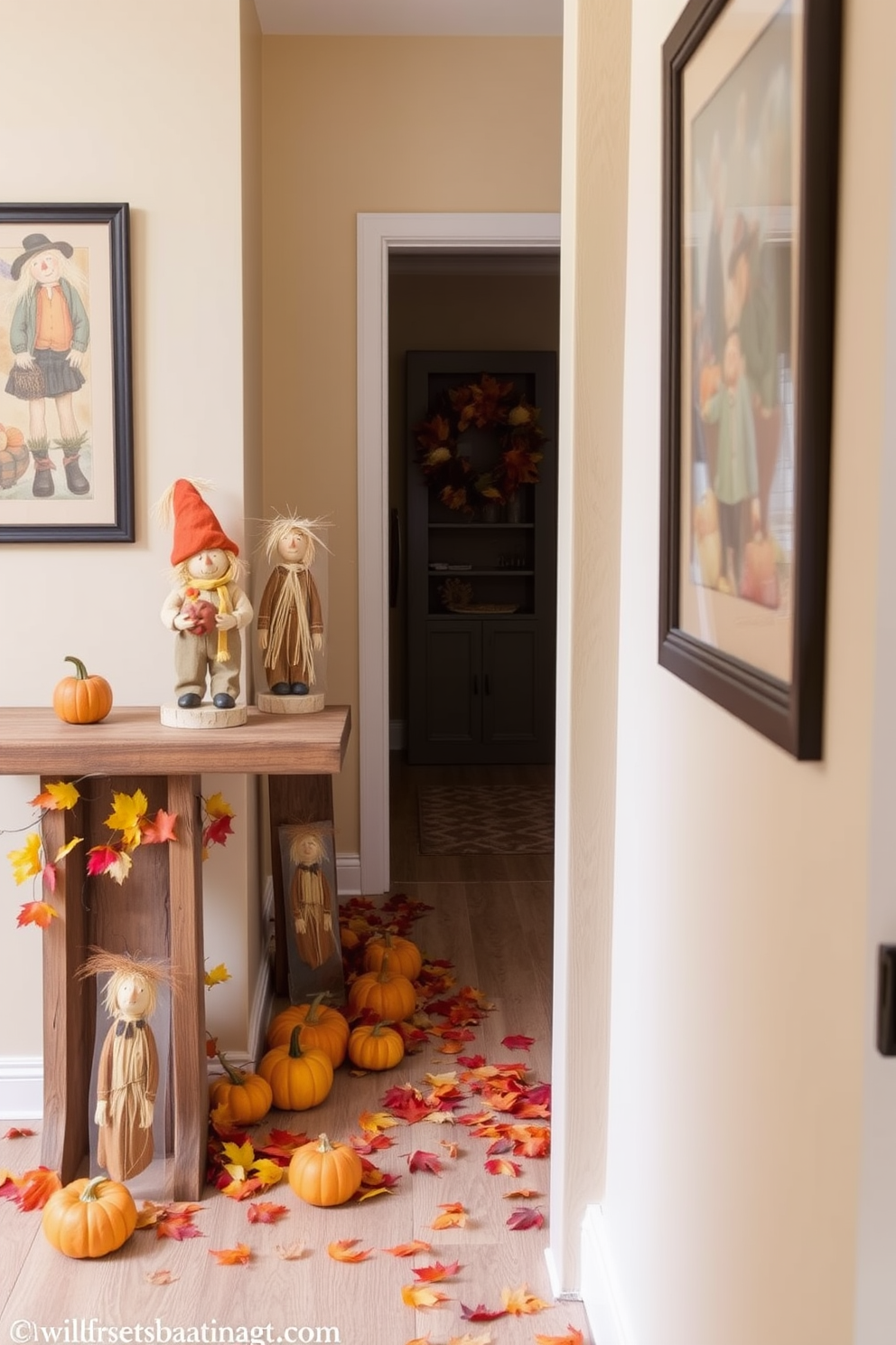 Charming scarecrow figurines are arranged on a rustic wooden shelf in a cozy hallway. The warm autumn colors of the figurines complement the soft golden hues of the surrounding decor, creating a welcoming atmosphere. A collection of colorful leaves and small pumpkins is scattered along the hallway floor, enhancing the seasonal theme. The walls are adorned with framed autumn-themed artwork, adding a touch of personality to the space.