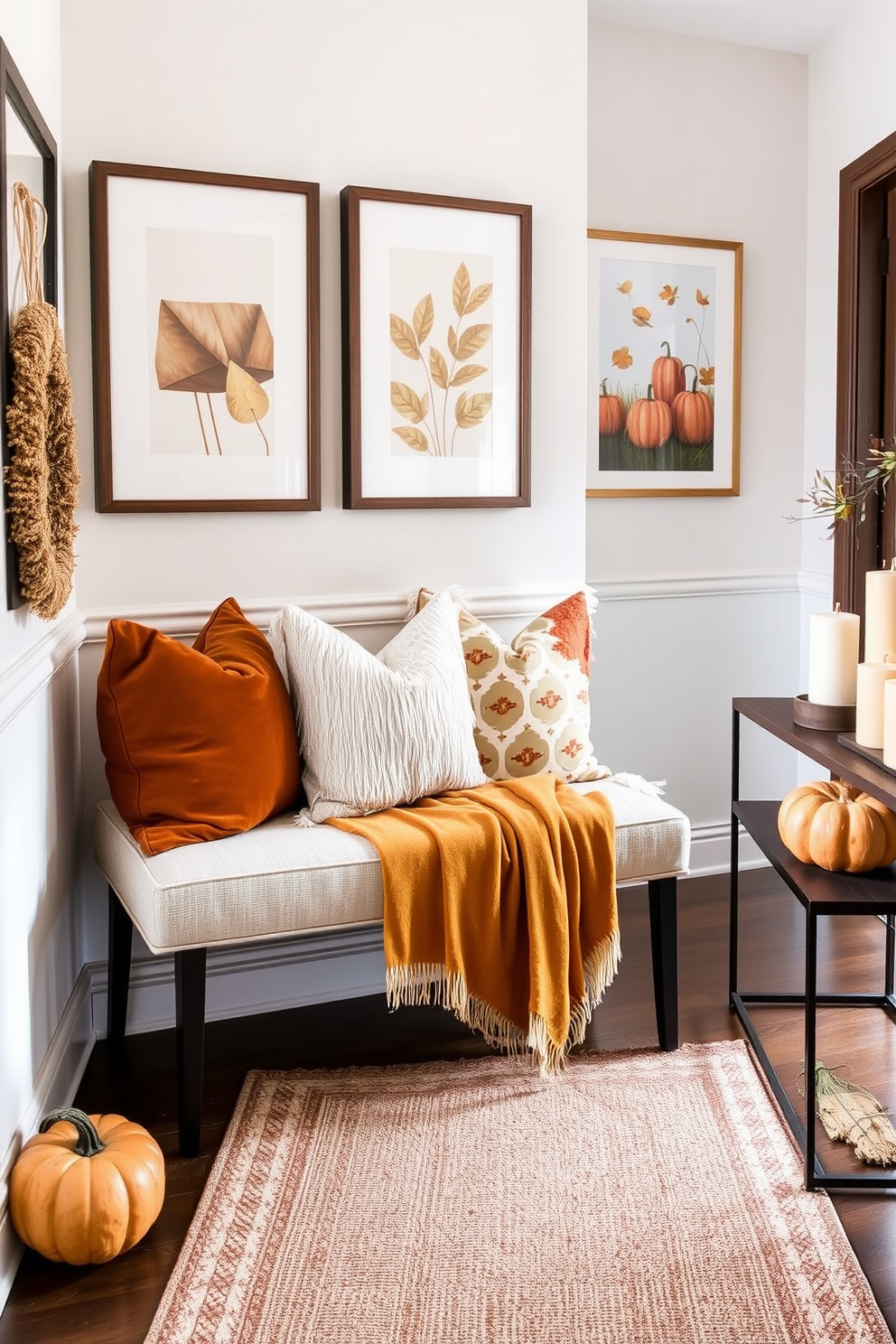 Layered textures create a cozy atmosphere in the fall hallway. Plush pillows in warm tones are arranged on a stylish bench, complemented by soft throws draped over the back. The walls are adorned with framed autumn-themed art, and a stylish runner rug adds warmth underfoot. Decorative pumpkins and candles are placed on a console table, enhancing the seasonal charm.