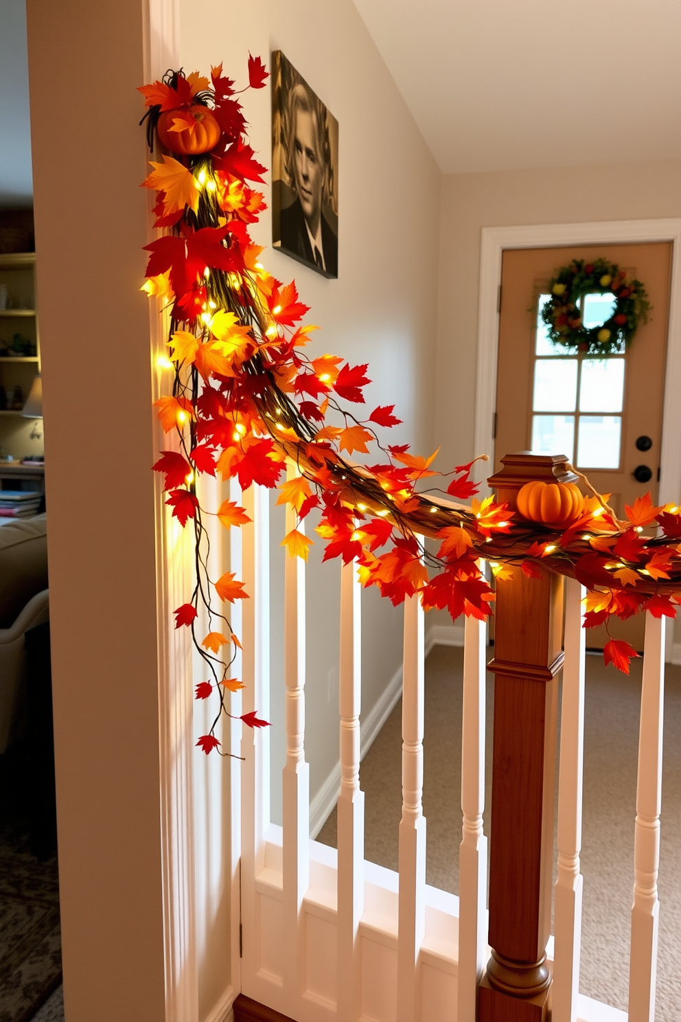 A cozy hallway adorned with an autumn garland gracefully draped along the wooden railing. The garland features vibrant leaves in shades of orange, red, and yellow, complemented by small pumpkins and twinkling fairy lights for a warm ambiance.