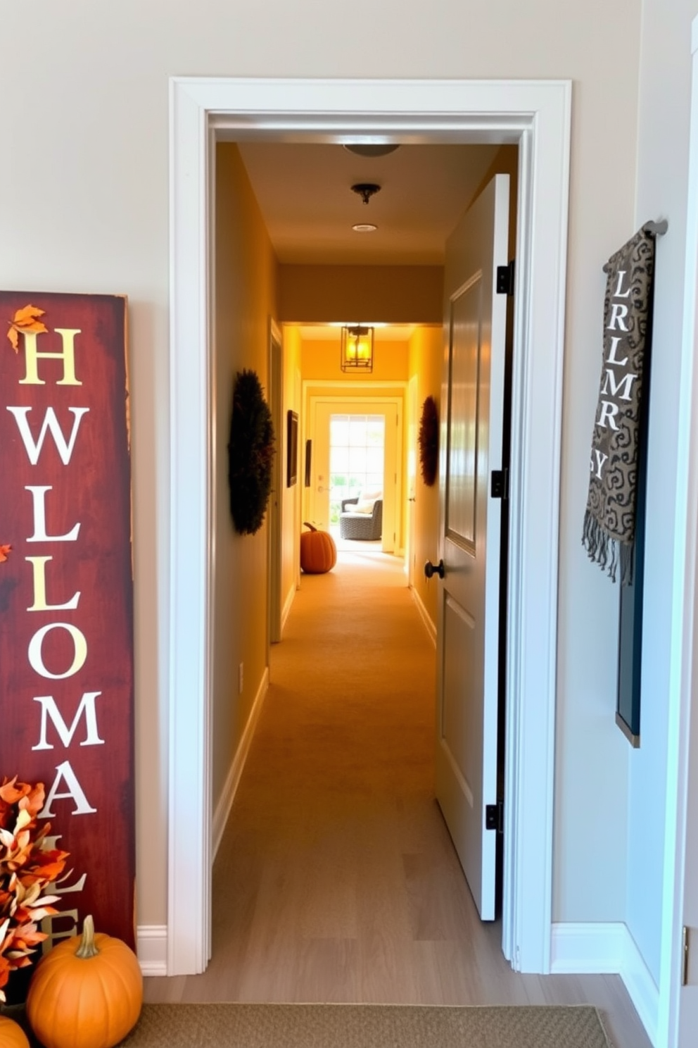 A welcoming entrance features a seasonal quote sign that captures the essence of fall. The hallway is adorned with warm-toned decorations, including pumpkins and autumn leaves, creating a cozy atmosphere.