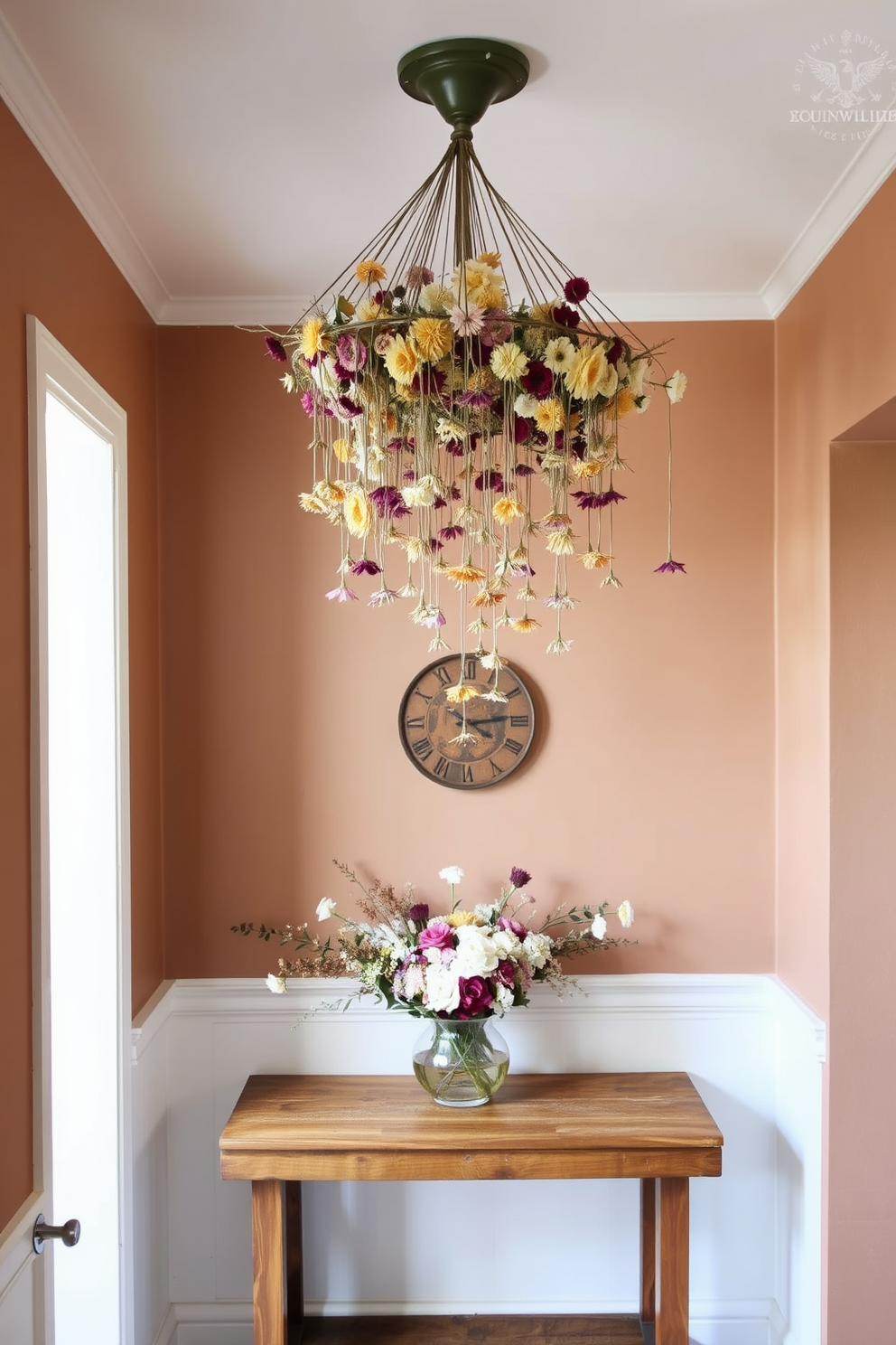 A charming hallway adorned with hanging dried flowers from the ceiling creates a warm and inviting atmosphere. The walls are painted in soft earth tones, complemented by a rustic wooden console table beneath the floral display.