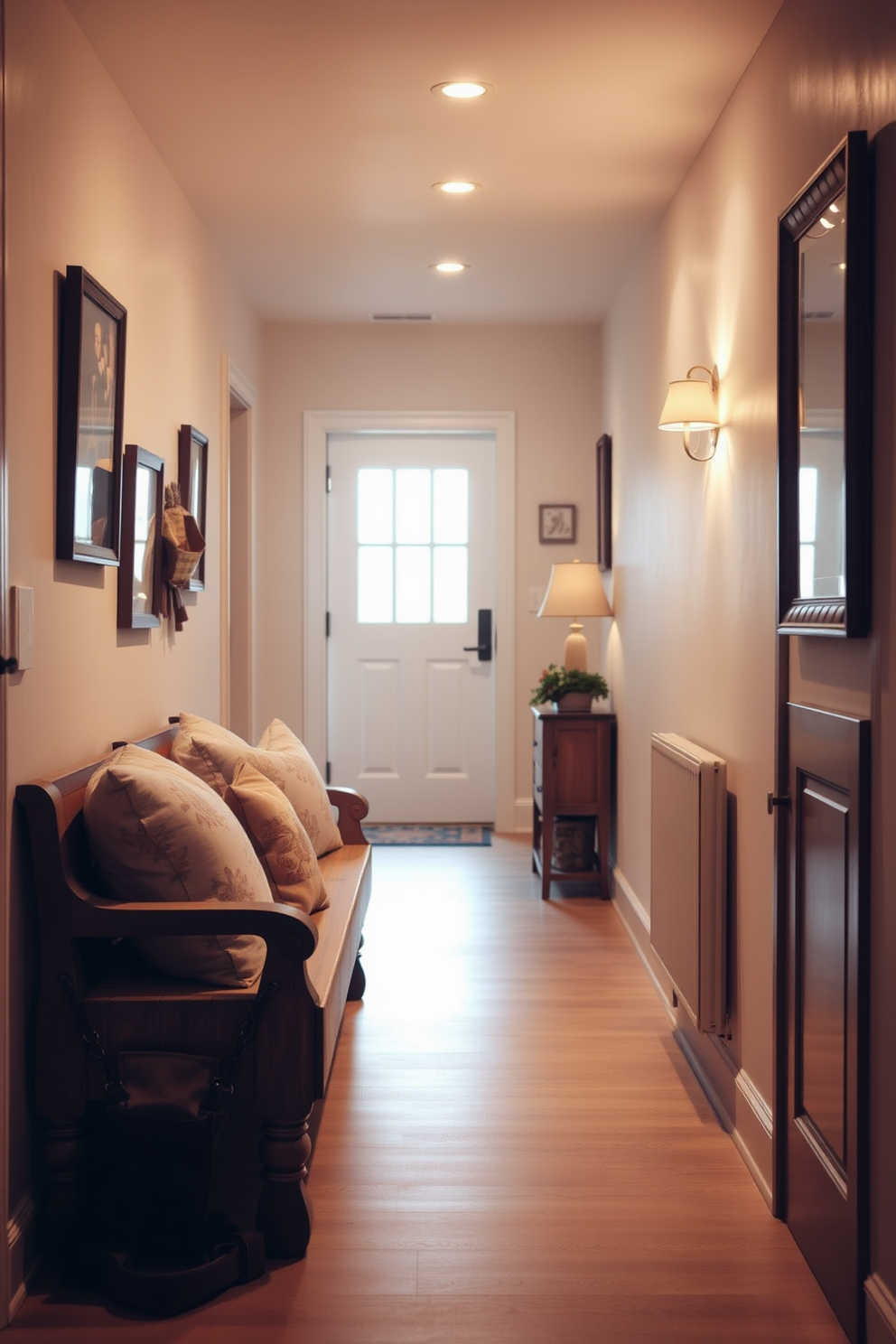 A rustic wooden bench adorned with plush cushions sits invitingly in a cozy hallway. The walls are decorated with framed photographs and soft lighting, creating a warm and welcoming atmosphere.