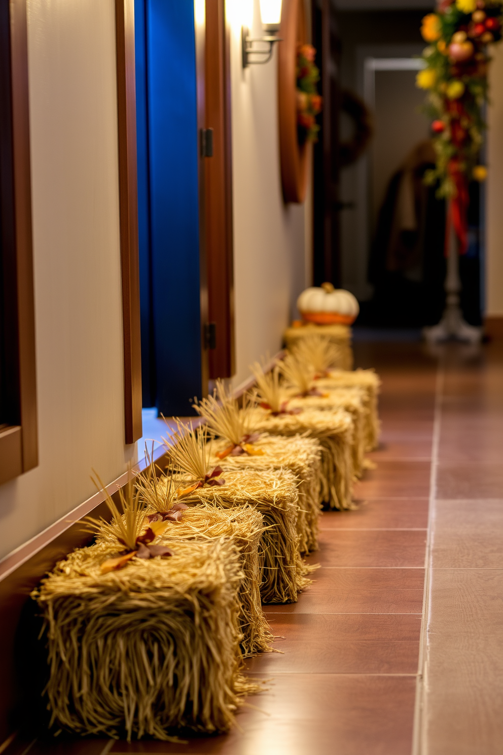 Miniature hay bales are arranged as charming decor pieces along the edge of a cozy hallway. Soft autumn lighting highlights the warm colors of the surrounding fall-themed decorations, creating an inviting atmosphere.