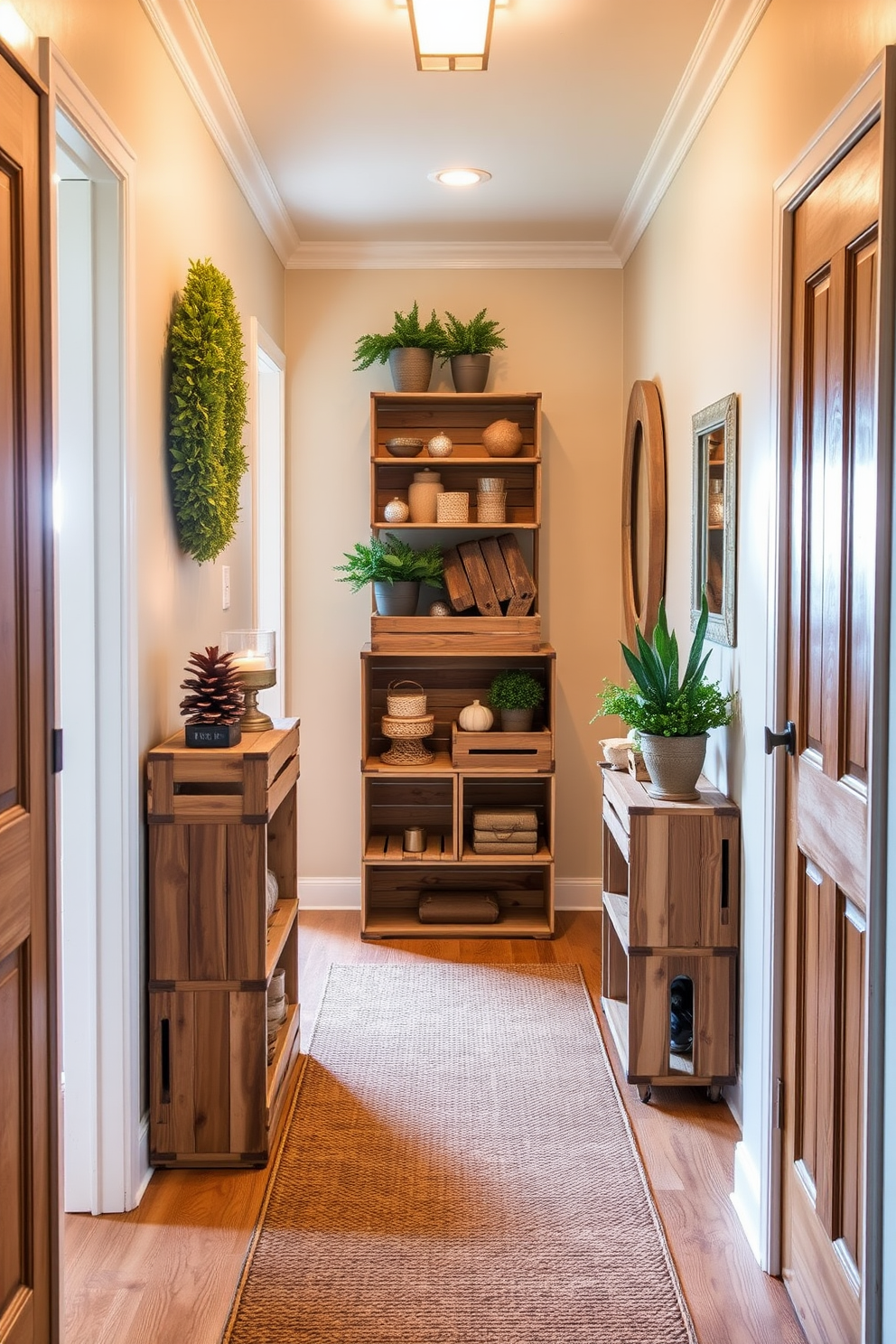 A cozy hallway adorned with wooden crates that serve as both storage and decorative elements. The crates are stacked in a stylish arrangement, filled with seasonal decor and plants, enhancing the warmth of the space. Soft, ambient lighting illuminates the hallway, highlighting the natural textures of the wood. A runner rug in earthy tones adds comfort underfoot, inviting guests to explore further into the home.