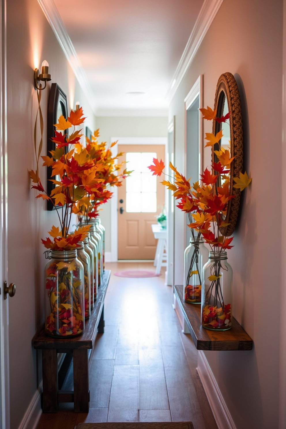 A charming hallway adorned with glass jars filled with colorful leaves creates a warm autumn ambiance. The jars are arranged along a rustic wooden console table, complemented by soft lighting that highlights the vibrant hues.