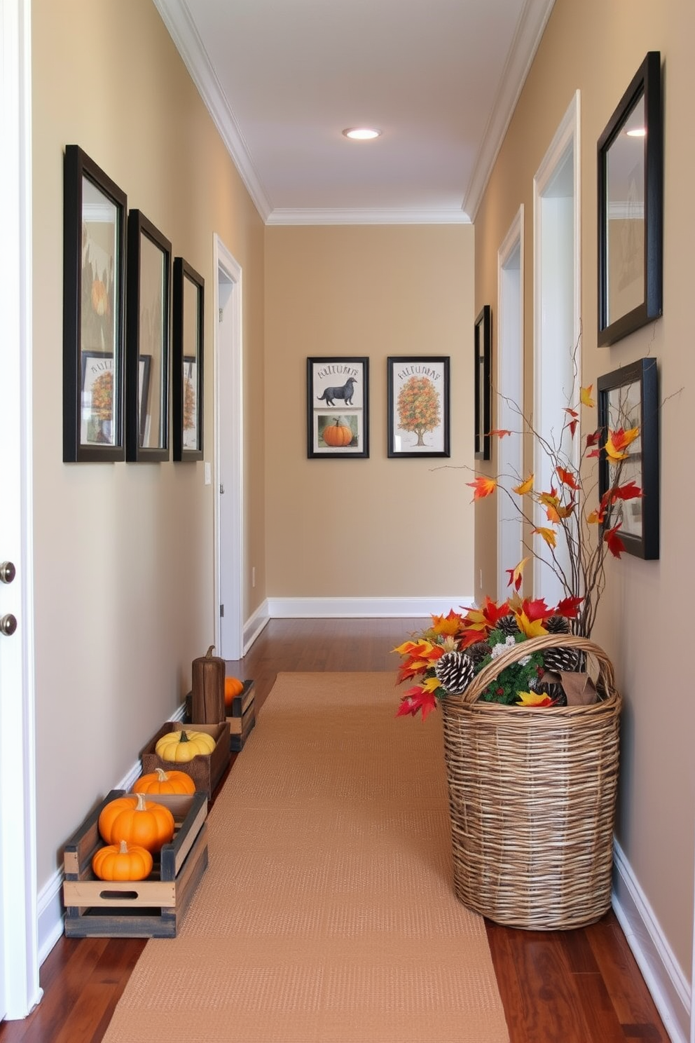 A warm and inviting hallway adorned with burlap accents creates a rustic charm. The walls are painted in a soft beige, and a series of framed autumn-themed prints line the corridor. A burlap runner stretches along the floor, complemented by small wooden crates filled with seasonal gourds. A woven basket sits in the corner, overflowing with colorful leaves and pinecones for a cozy fall touch.