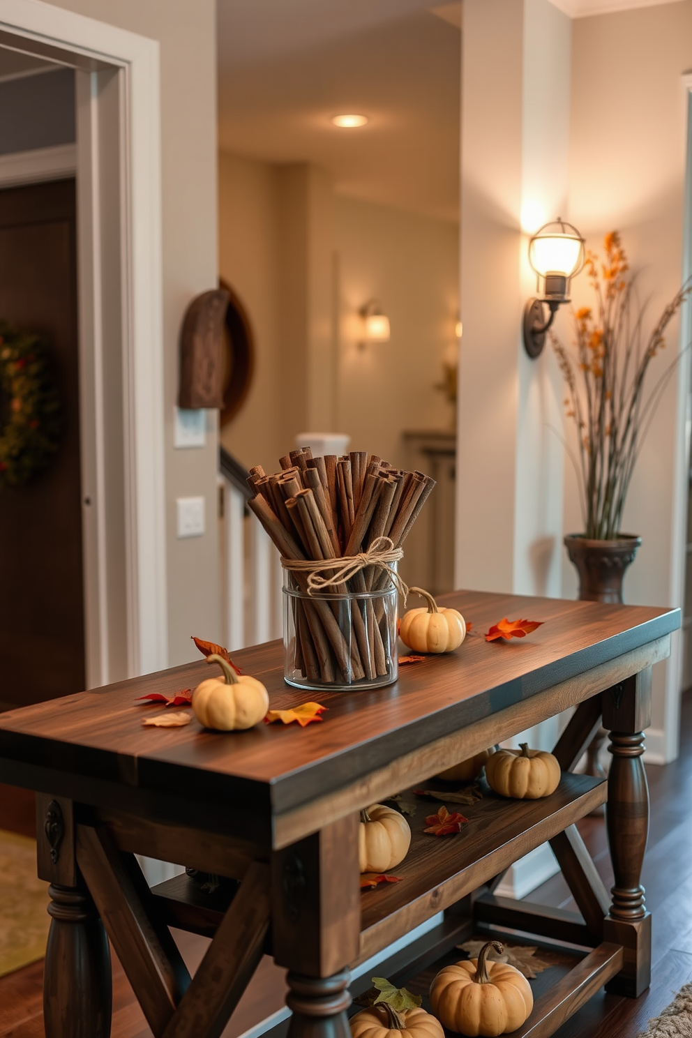 A warm and inviting hallway decorated for fall features a rustic wooden console table adorned with a centerpiece of cinnamon sticks tied with twine. Soft, ambient lighting casts a cozy glow, while autumn leaves and small pumpkins are scattered along the table's surface, enhancing the seasonal charm.