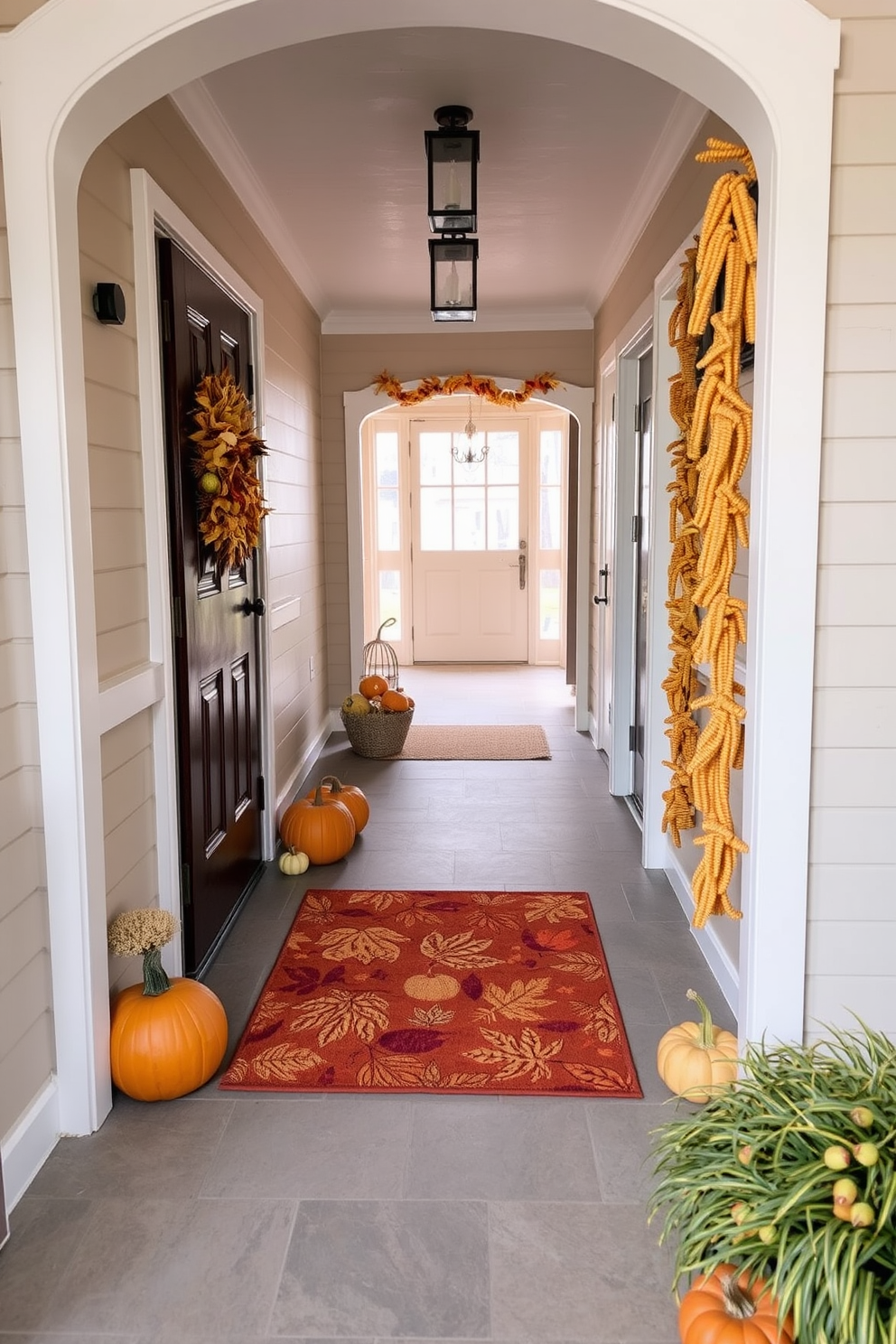 A seasonal doormat with autumn leaves welcomes guests at the entrance. The hallway is adorned with warm-toned decorations, including pumpkins and garlands of dried corn.