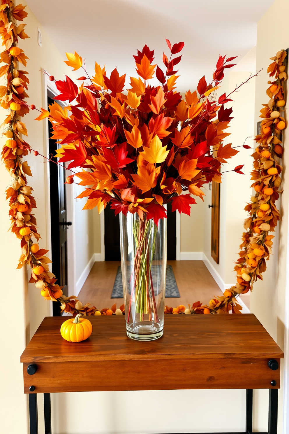 Artful arrangement of fall foliage. A collection of vibrant autumn leaves in various shades of red, orange, and yellow is elegantly displayed in a large glass vase on a rustic wooden console table. Fall Hallway Decorating Ideas. The hallway is adorned with warm-toned garlands made of dried leaves and small pumpkins, creating a cozy and inviting atmosphere for guests.