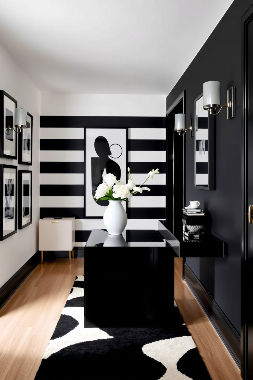 Chic black and white decor accents create a striking visual impact in the hallway. The walls are adorned with black and white framed artwork, while a sleek console table with a glossy finish sits against one side. On the floor, a stylish black and white geometric rug adds warmth and texture. Elegant sconces provide soft lighting, enhancing the sophisticated atmosphere of the space.