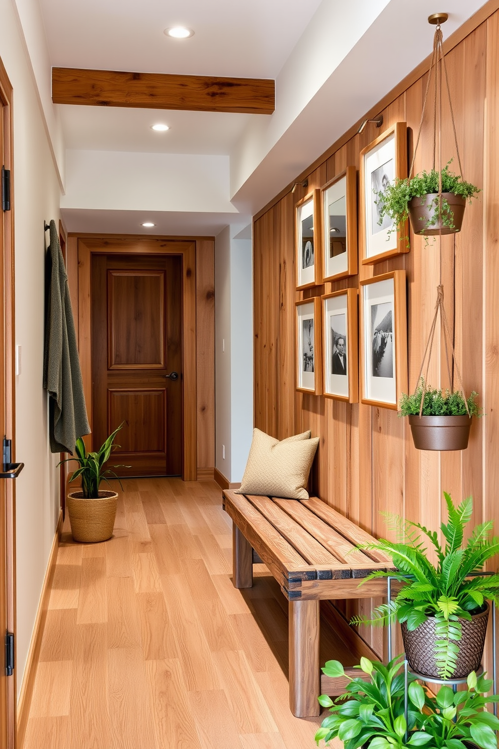 Natural wood elements create a warm and inviting atmosphere in the hallway. Incorporate wooden paneling on the walls, a rustic bench, and a series of framed art pieces to enhance the natural aesthetic. Add soft lighting fixtures that highlight the wood tones while providing a cozy glow. Use a mix of greenery, such as potted plants or hanging planters, to bring life and color to the space.