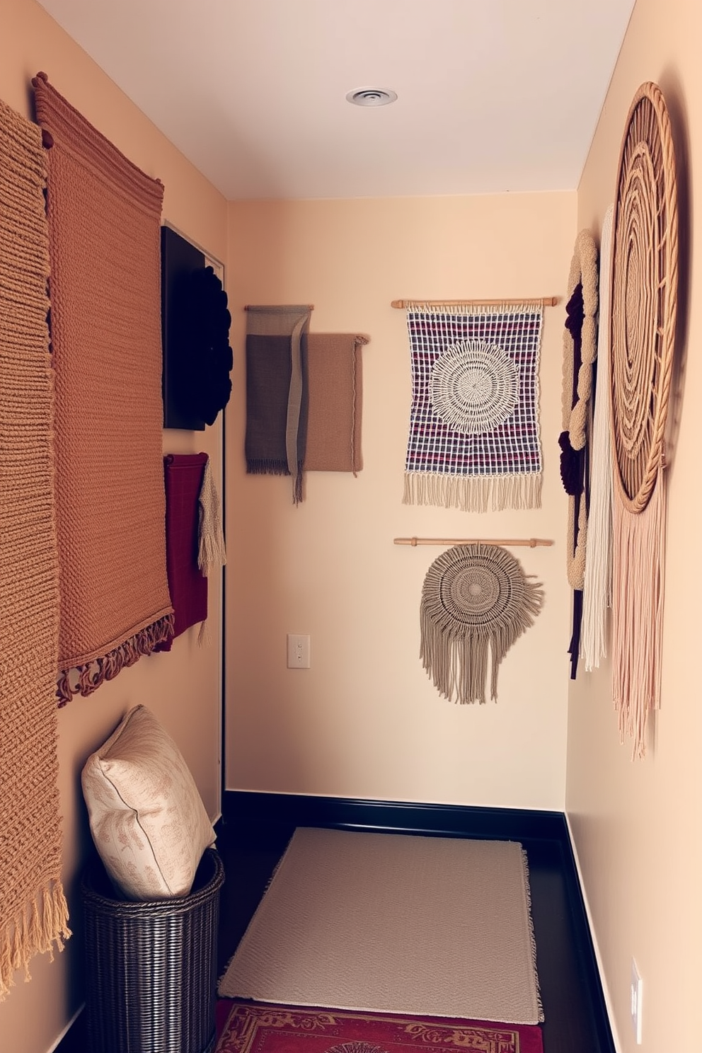 Textured wall hangings in warm tones create a cozy and inviting atmosphere in a hallway. The walls are adorned with various fabric panels and woven art pieces that add depth and interest to the space.