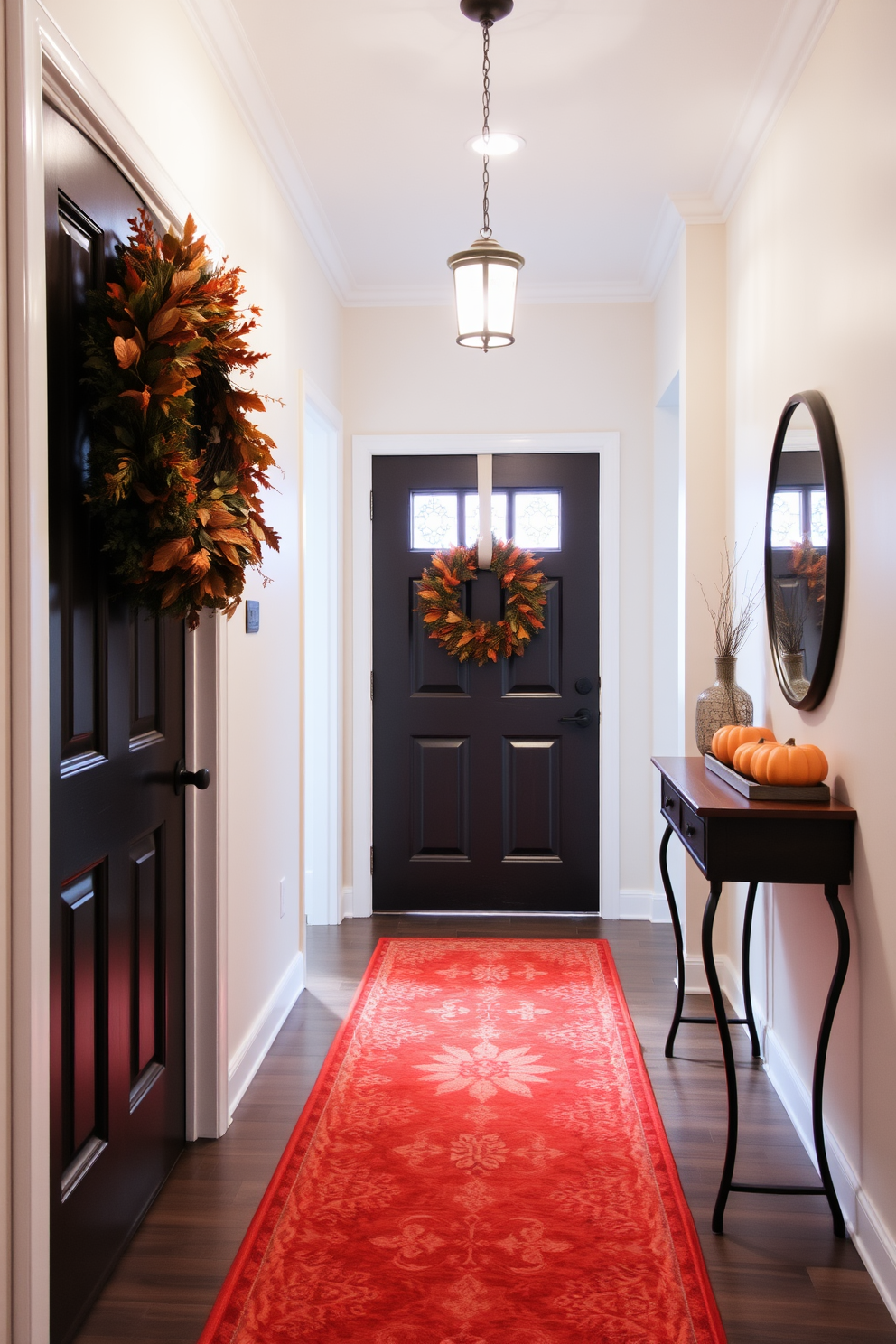 A warm and inviting hallway adorned with a hanging autumn wreath on the door. The walls are painted in a soft cream color, and a runner rug in rich orange tones leads down the hall, accented by small pumpkin decorations on a console table.