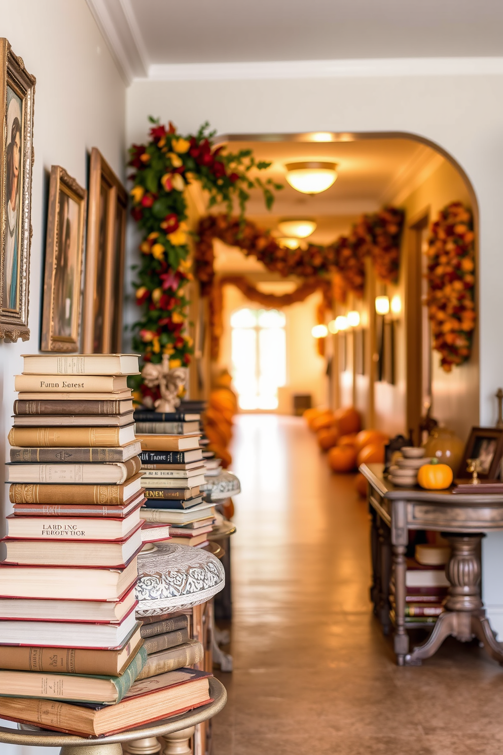 Vintage books stacked on tables create a warm and inviting atmosphere. The tables are adorned with intricate details and soft lighting, enhancing the charm of the space. The fall hallway is decorated with rich autumn colors and seasonal decor. Warm-toned garlands and pumpkins line the walls, welcoming guests with a cozy, festive feel.