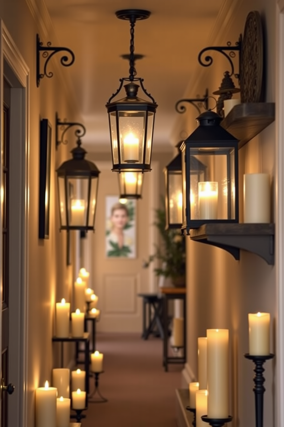 A charming hallway adorned with vintage lanterns that emit a warm glow. Seasonal candles in various heights are placed on the floor and shelves, creating a cozy and inviting atmosphere.