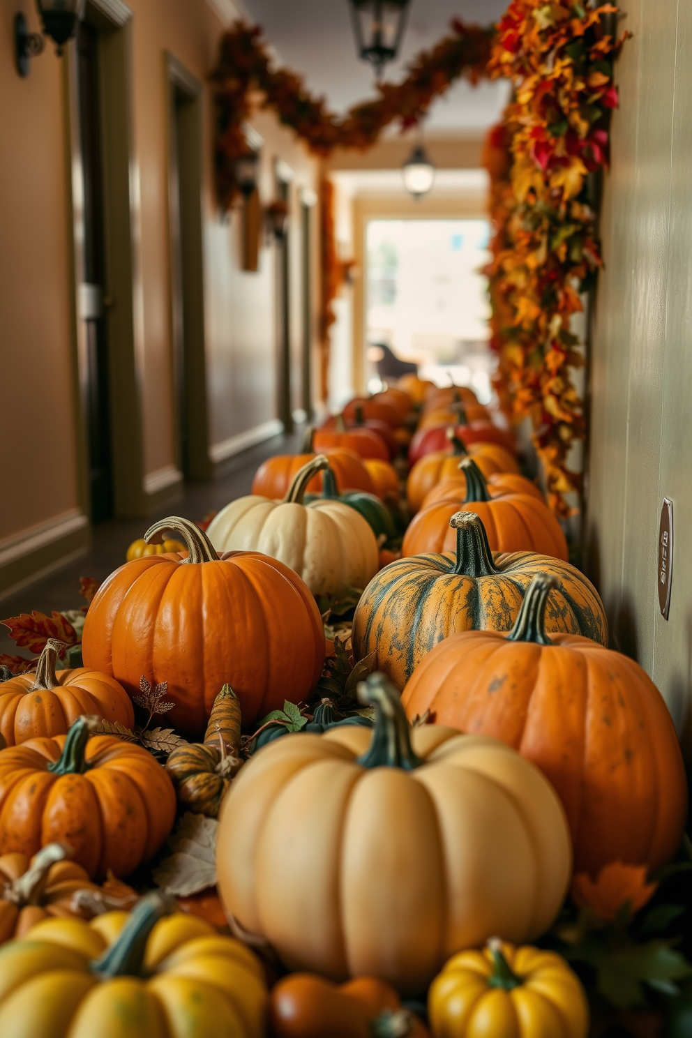 Colorful pumpkins in varying sizes are arranged along a beautifully decorated hallway. The pumpkins are nestled among autumn leaves and small decorative gourds, creating a warm and inviting atmosphere.