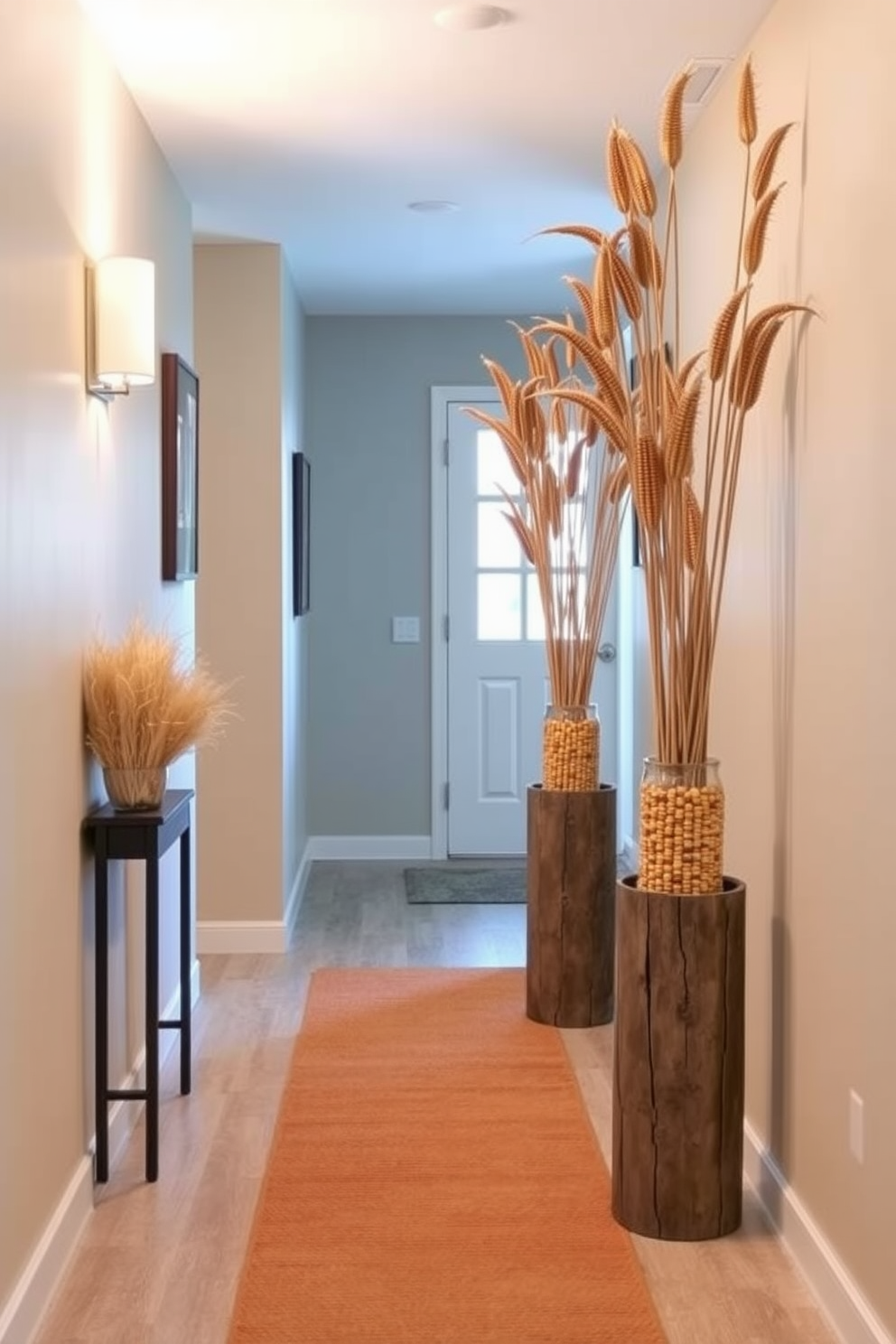 Dried corn stalks are elegantly arranged in tall, rustic vases that add a touch of autumn charm to the hallway. The warm hues of the corn contrast beautifully with the neutral walls, creating a welcoming atmosphere. Soft lighting illuminates the hallway, highlighting the textures of the vases and the natural elements. A cozy runner rug in earthy tones runs along the floor, enhancing the seasonal decor and inviting guests to explore further.