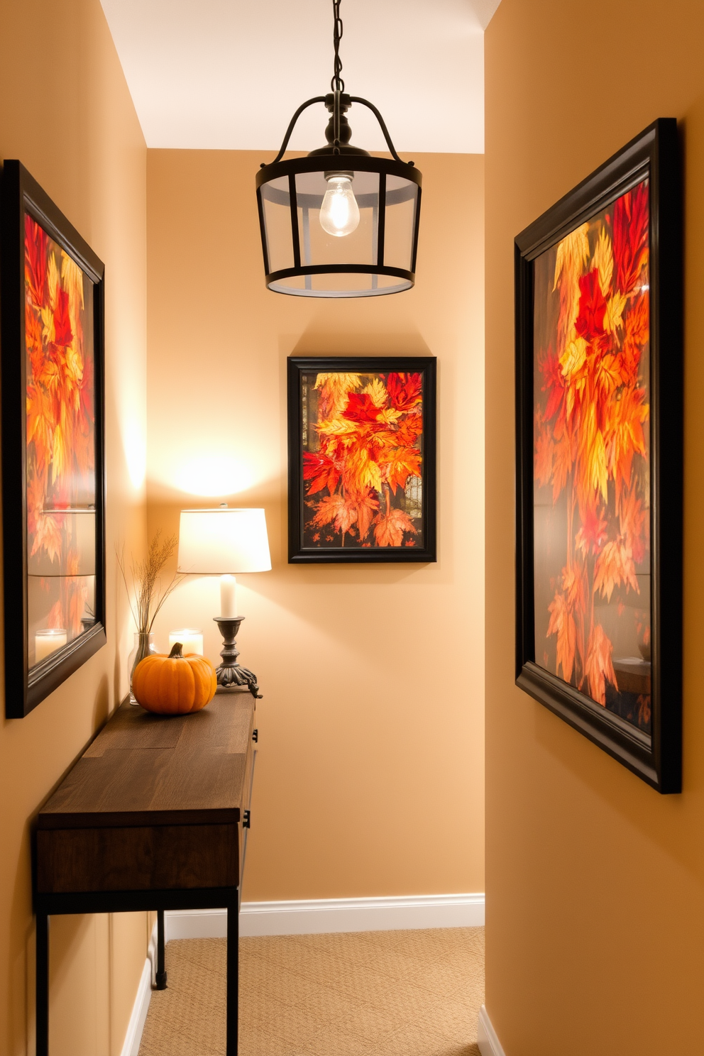 A cozy hallway adorned with framed fall-themed artwork that captures the vibrant colors of autumn leaves. The walls are painted in a warm beige tone, complementing the rich hues of the artwork and creating an inviting atmosphere. Decorative elements such as a rustic wooden console table are placed against one wall, topped with a small pumpkin and a scented candle. Soft, ambient lighting from a stylish pendant fixture enhances the seasonal charm, making the hallway feel welcoming and festive.