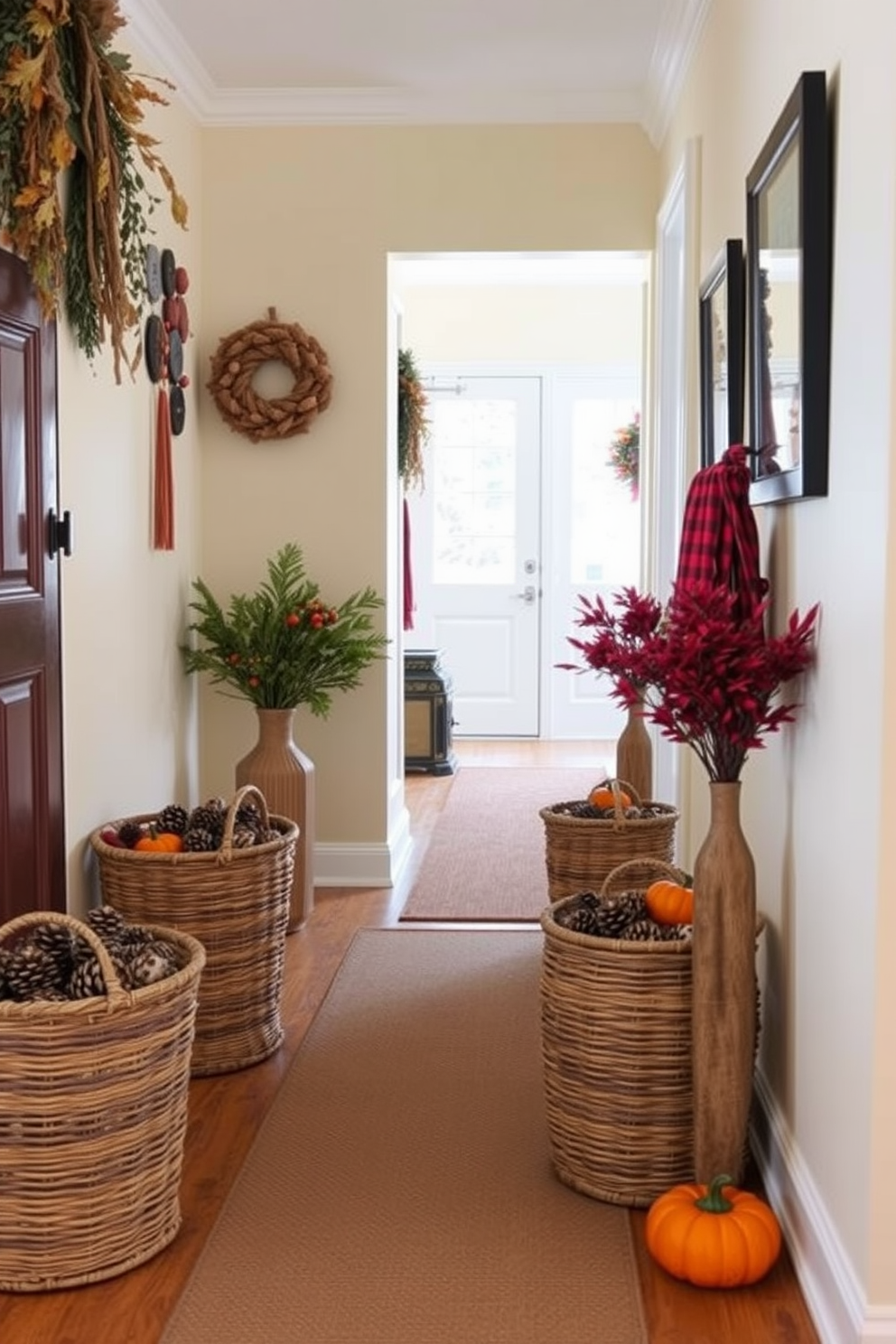 A cozy fall hallway adorned with natural elements. Several woven baskets filled with pine cones are strategically placed along the floor, adding warmth and texture to the space. The walls are painted in a soft cream color, enhancing the inviting atmosphere. Accents of deep orange and burgundy in the decor complement the seasonal theme beautifully.