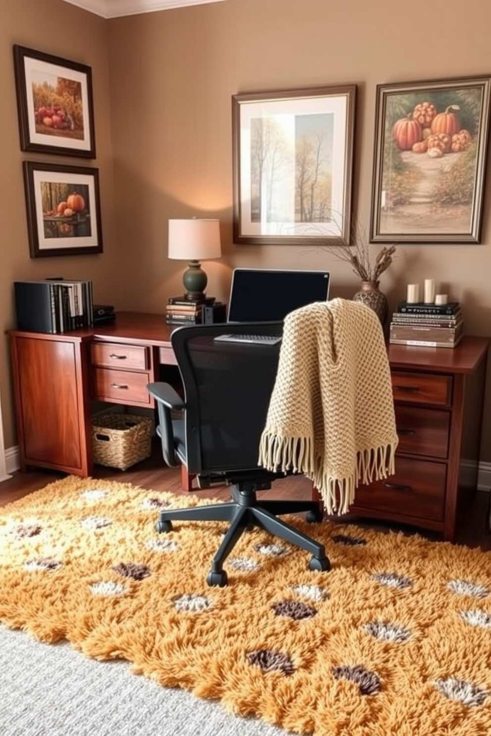 A cozy home office features a large wooden desk with a comfortable ergonomic chair. Soft knit blankets are draped over the chair, inviting warmth and comfort during chilly fall days. The walls are painted in a warm taupe color, complemented by framed artwork that reflects autumn themes. A plush area rug in warm tones lies under the desk, adding texture and coziness to the space.