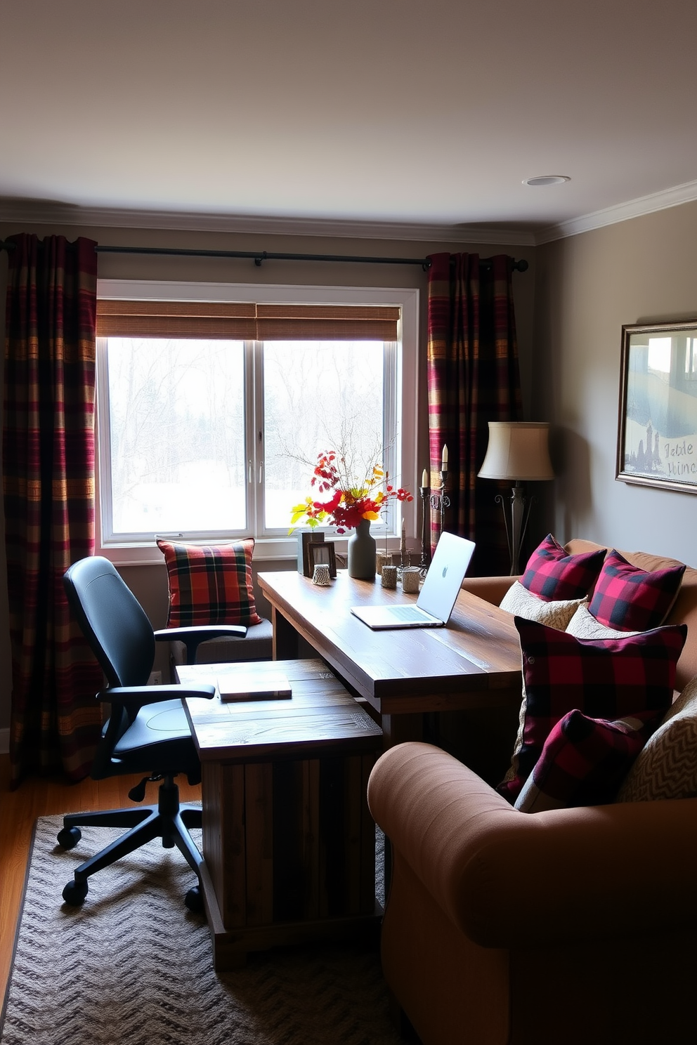 A cozy home office setting featuring a stylish desk made of reclaimed wood paired with a comfortable ergonomic chair. The space is adorned with plaid throw pillows on a plush sofa, adding warmth and inviting comfort to the room. Rich autumn colors dominate the decor, with accents of deep reds, oranges, and browns throughout the space. A large window allows natural light to flood in, highlighting a collection of decorative items and seasonal foliage on the desk.