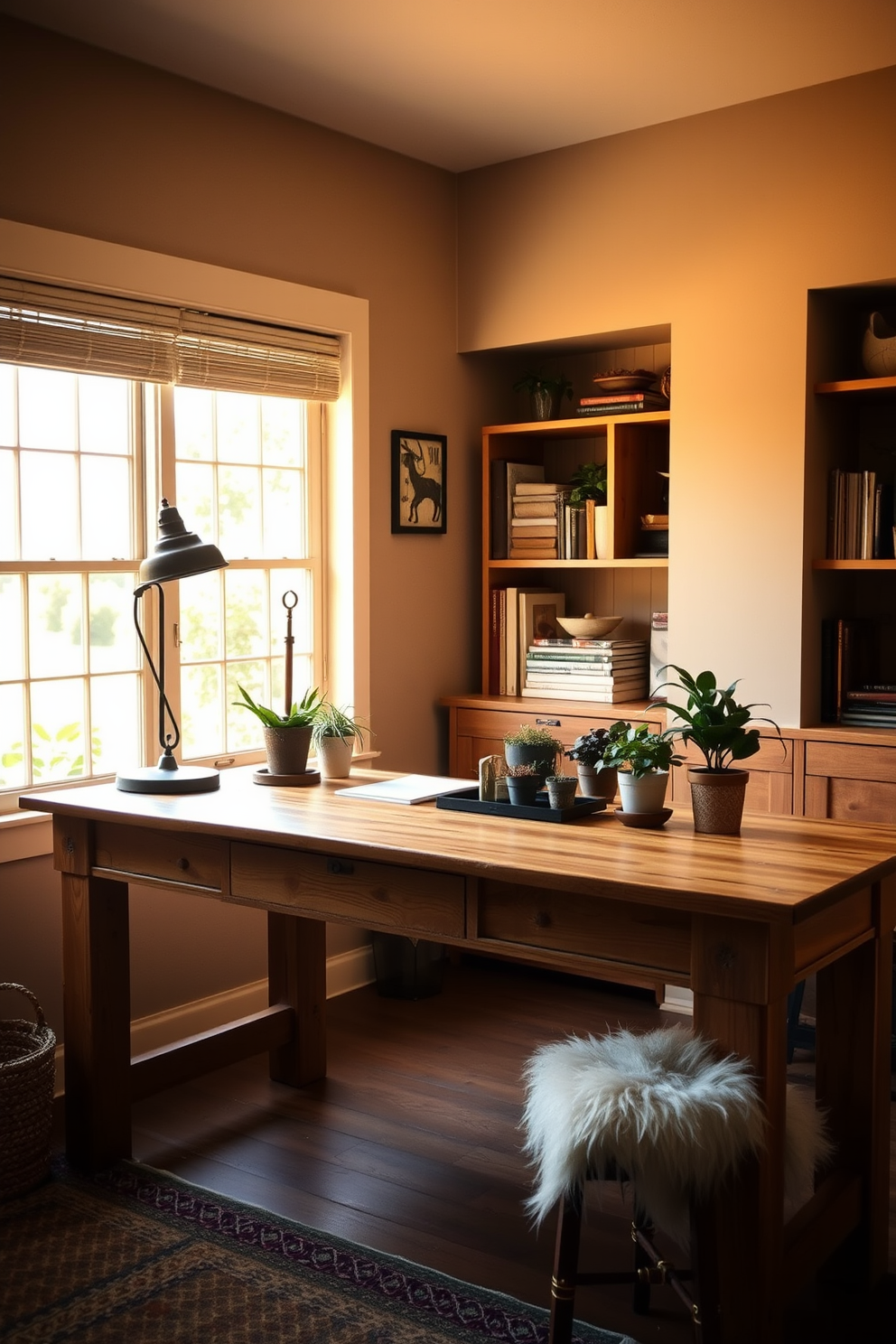 A cozy home office featuring a rustic wooden desk with a natural finish. The desk is adorned with a vintage lamp and a few potted plants, creating an inviting workspace. Behind the desk, a large window lets in warm, golden sunlight, illuminating the room. The walls are painted in a soft beige, complemented by shelves filled with books and decorative items.