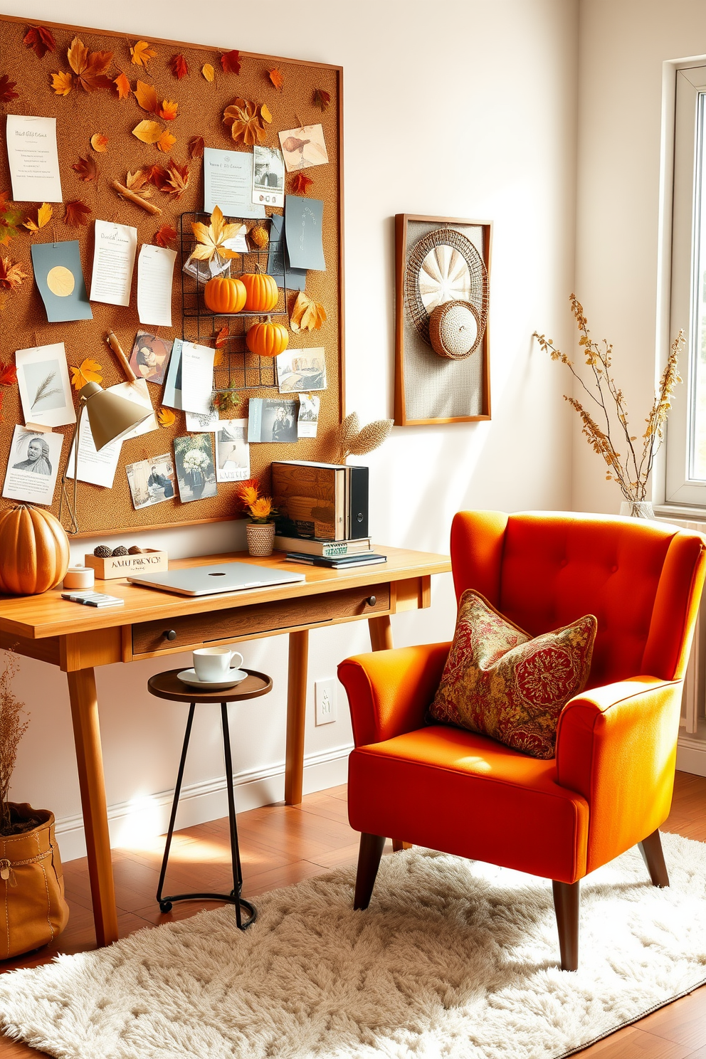 A cozy fall-inspired home office features a warm wooden desk positioned near a window with soft natural light streaming in. The walls are adorned with a corkboard filled with autumn-themed inspiration, including leaves, pumpkins, and cozy textiles. A plush armchair in a rich orange hue sits in the corner, complemented by a small side table holding a steaming cup of tea. The floor is covered with a soft area rug that adds warmth, and decorative throw pillows in earthy tones are scattered on the chair.