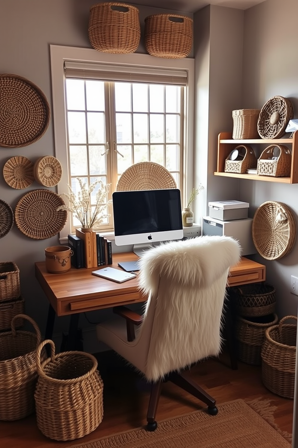 A cozy home office adorned with decorative baskets for storage solutions. The baskets are woven in natural fibers and placed strategically around the room, adding warmth and texture to the space. The desk is positioned near a window, allowing natural light to flood in. A plush chair complements the wooden desk, creating an inviting atmosphere perfect for productivity.