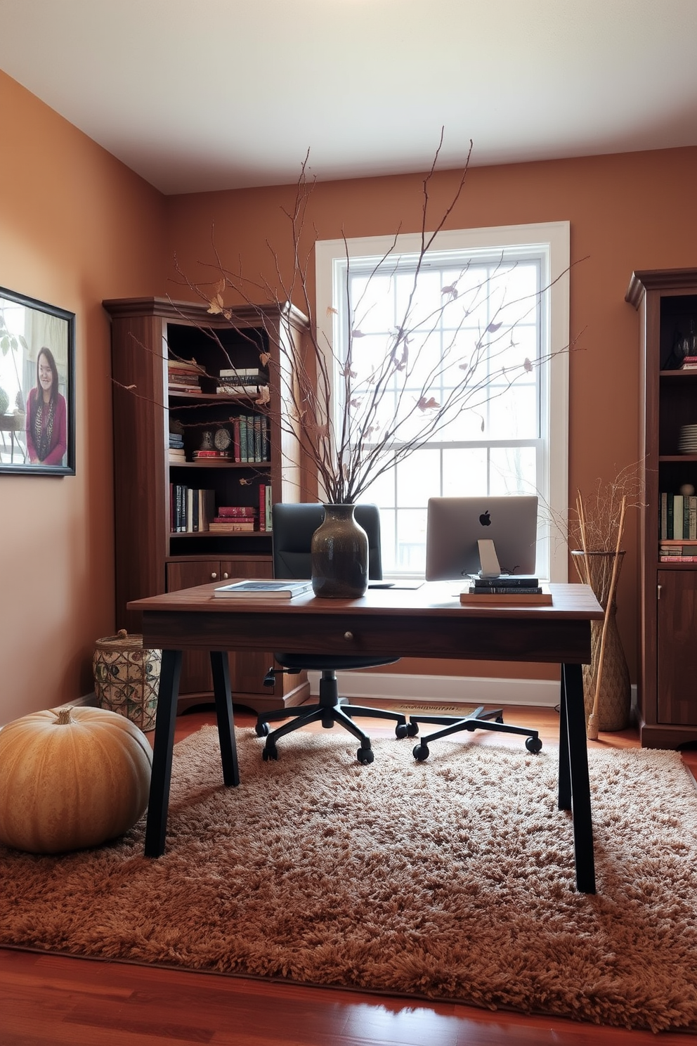 A cozy fall home office setting infused with natural elements. There are branches and leaves artfully arranged in a rustic vase on the desk, creating a warm and inviting atmosphere. The walls are painted in a soft earth tone, complementing the wooden desk and bookshelves. A plush area rug with autumn colors adds comfort underfoot, while a large window lets in soft, natural light.