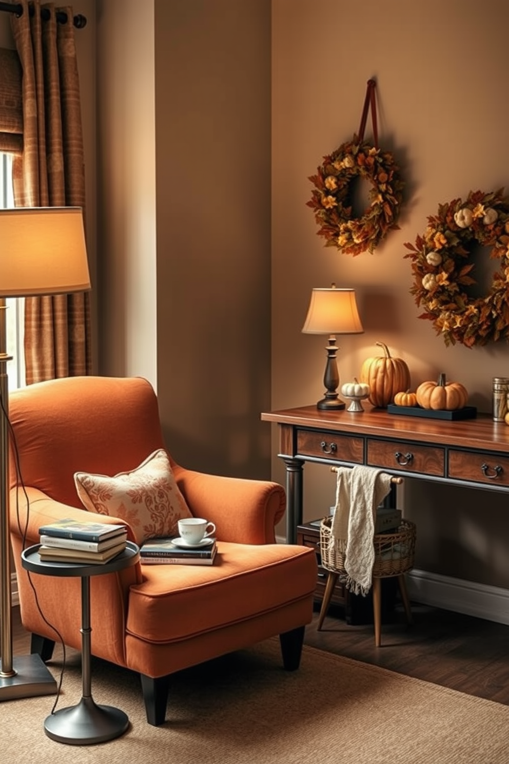 Create a cozy reading nook featuring a plush armchair upholstered in warm, earthy tones. A small side table holds a stack of books and a steaming cup of tea, while a floor lamp casts a soft glow over the space. Design a fall-inspired home office that incorporates rich autumn colors like deep oranges and browns. A wooden desk is adorned with decorative pumpkins and a seasonal wreath, creating an inviting atmosphere for productivity.