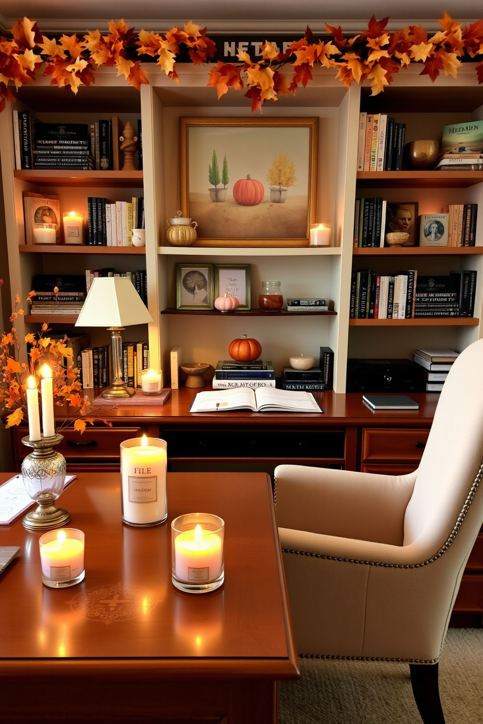 A cozy home office space adorned with seasonal scented candles that fill the air with warm autumn fragrances. The desk is made of rich wood, complemented by a plush chair and a backdrop of shelves filled with books and decorative items.