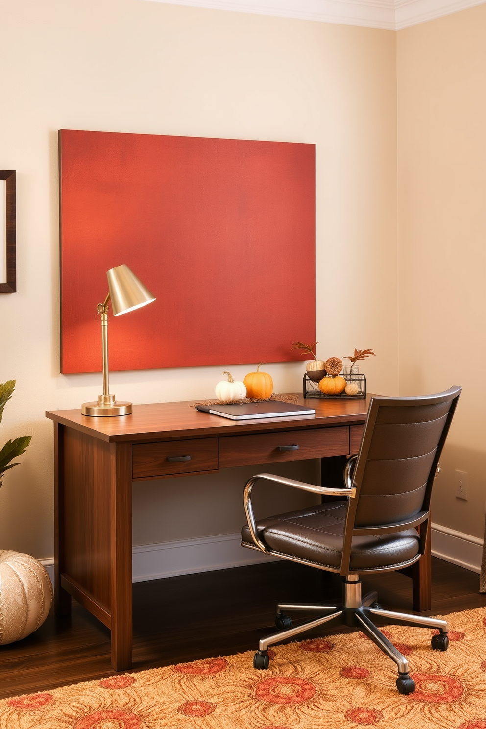 A cozy fall home office setting featuring a wooden desk with a rich walnut finish. The desk is adorned with a warm metallic lamp and a collection of autumn-themed decor items like small pumpkins and leaves. The walls are painted in a soft beige tone, complemented by a textured accent wall in deep rust. A plush area rug in warm tones anchors the space, while a comfortable chair with metallic accents invites productivity.