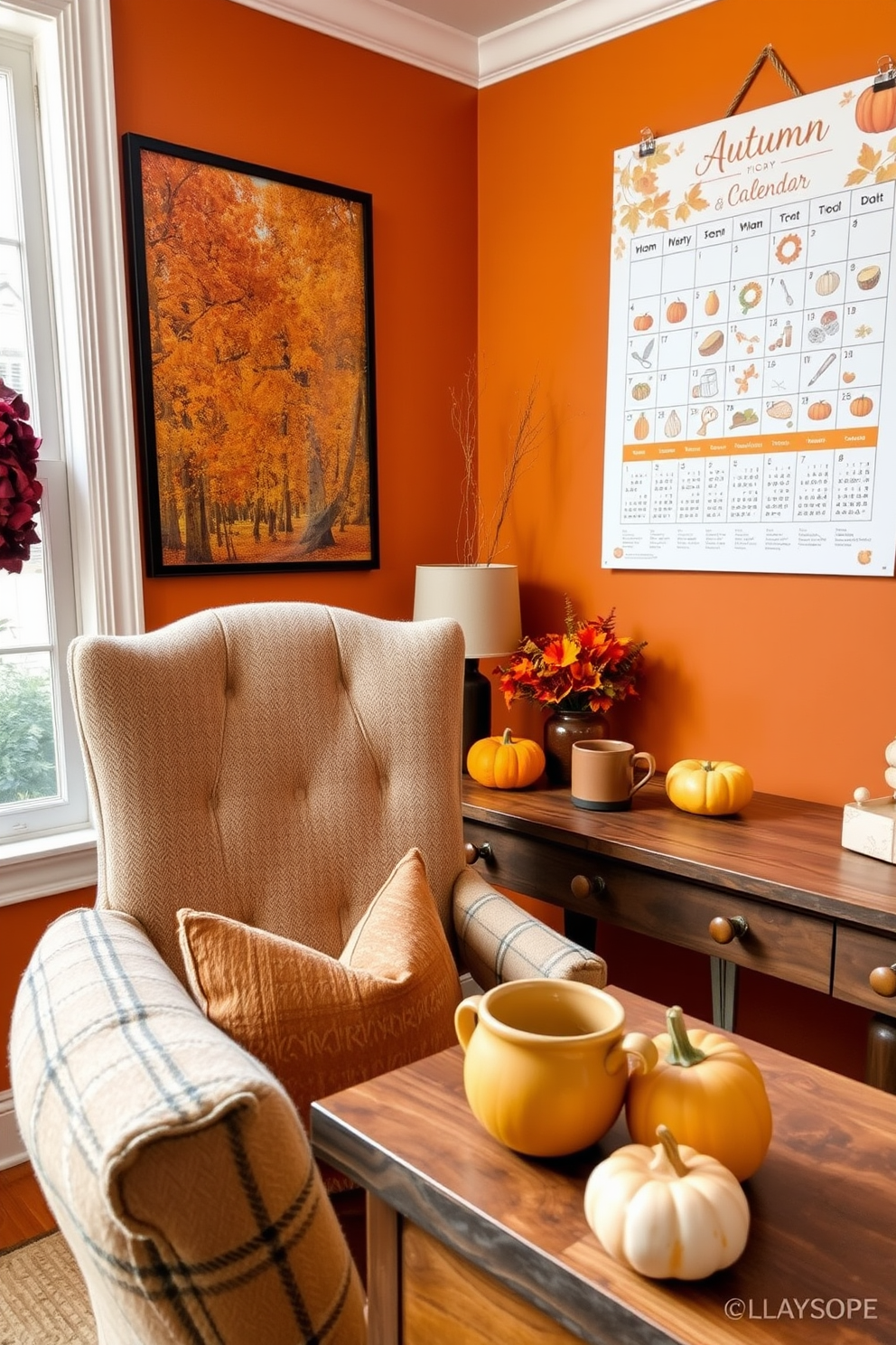 A cozy home office setting inspired by autumn. The walls are adorned with warm orange and brown hues, and a large autumn-themed calendar hangs prominently on one wall. A rustic wooden desk is positioned near a window, with a comfortable chair upholstered in a soft plaid fabric. On the desk, a few decorative pumpkins and a steaming cup of spiced cider create an inviting atmosphere.