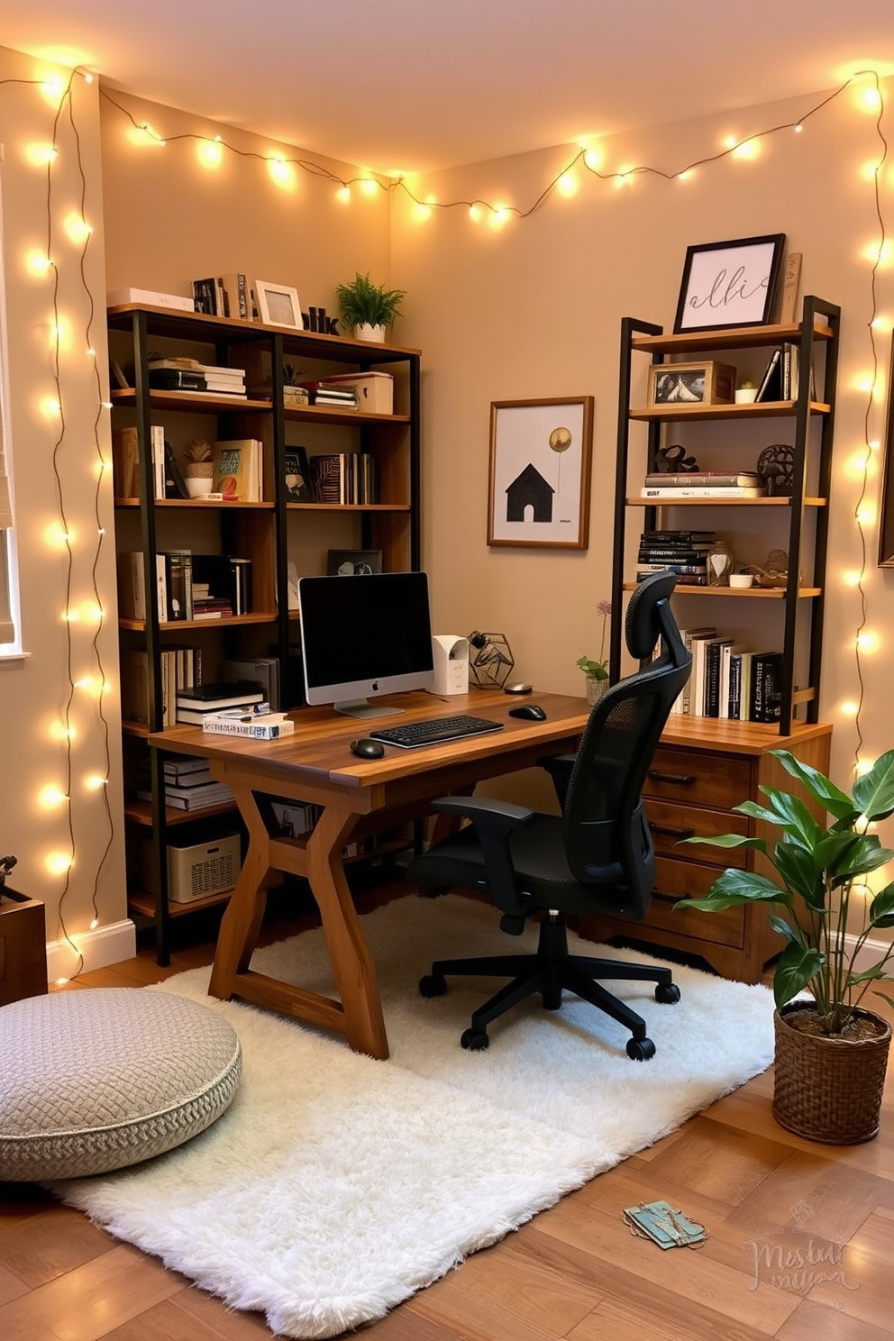 A cozy home office space adorned with warm fairy lights that create a soft and inviting glow. The room features a rustic wooden desk paired with a comfortable ergonomic chair, surrounded by shelves filled with books and decorative items. The walls are painted in a warm beige tone, enhancing the overall warmth of the space. A plush area rug lies under the desk, and a potted plant adds a touch of greenery to the corner.