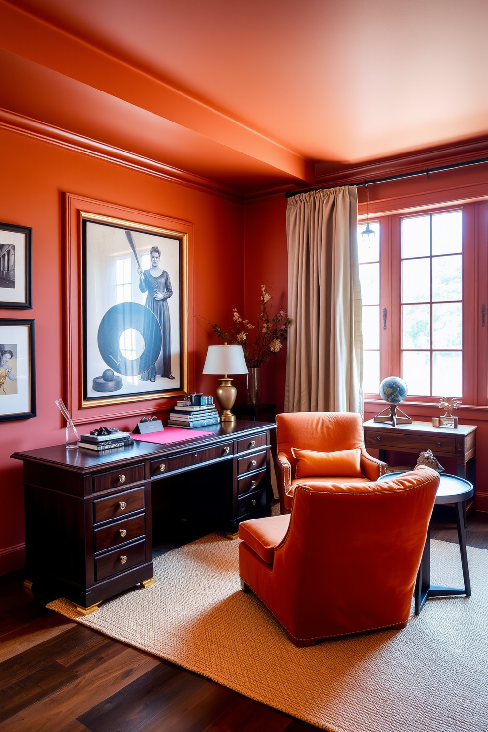 A warm and inviting home office filled with rich oranges and earthy browns. The walls are painted in a soft terracotta hue, complemented by a deep brown wooden desk with brass accents. A cozy armchair in a burnt orange fabric sits in the corner, paired with a small side table made of reclaimed wood. A large window allows natural light to flood the space, adorned with light beige curtains that add a touch of softness.