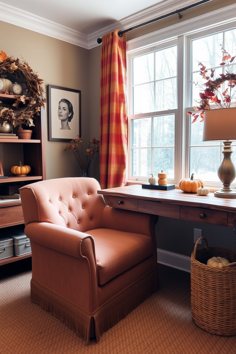 A cozy fall home office setting features a plush armchair upholstered in warm, earthy tones positioned near a large window. The desk is made of reclaimed wood and adorned with a stylish lamp, while autumn-themed decor, such as small pumpkins and a woven basket, adds seasonal charm.