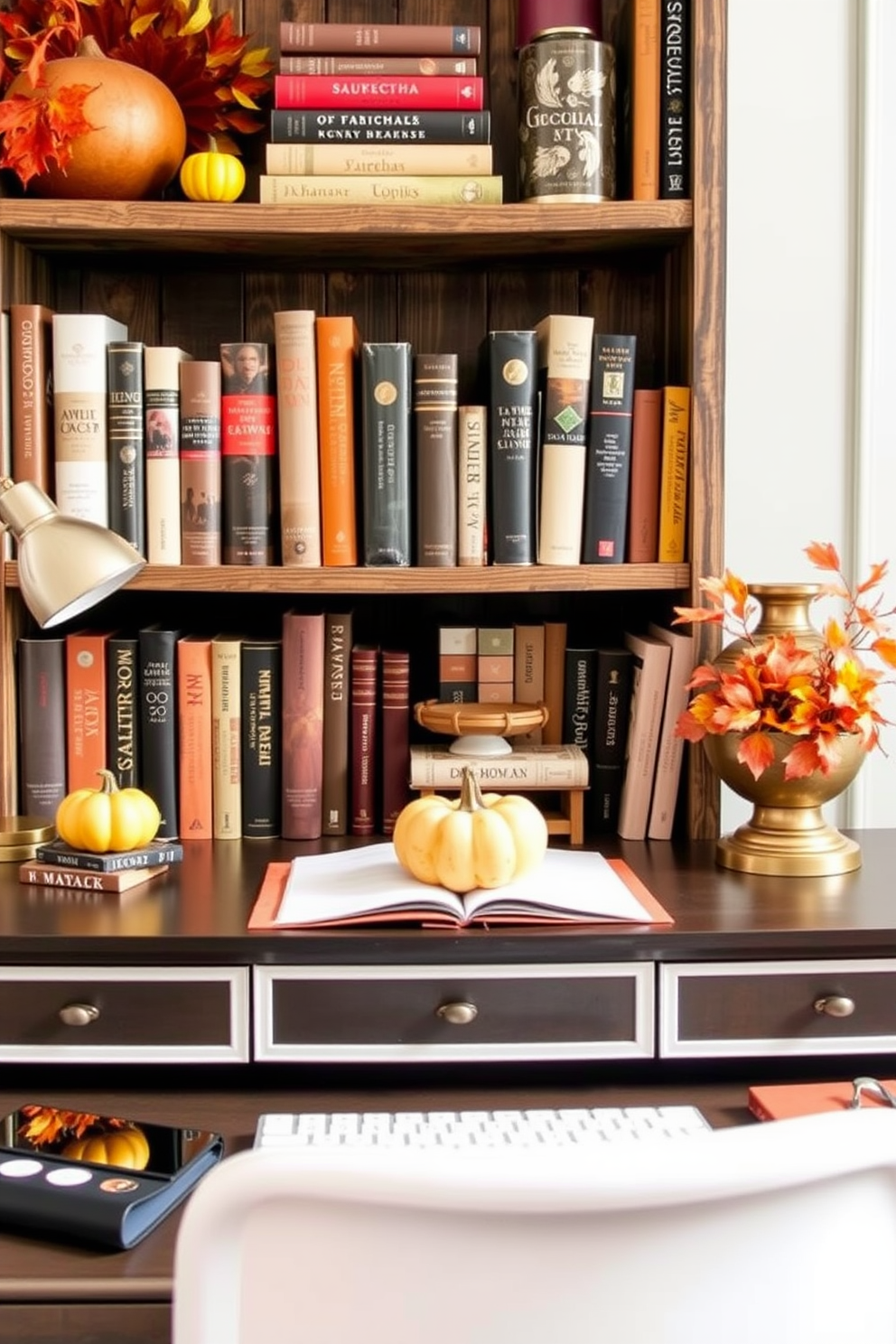 A cozy fall home office setting that showcases a collection of autumn-themed books arranged on a rustic wooden bookshelf. The desk is adorned with warm-toned accessories and a small pumpkin centerpiece, creating an inviting atmosphere perfect for productivity.