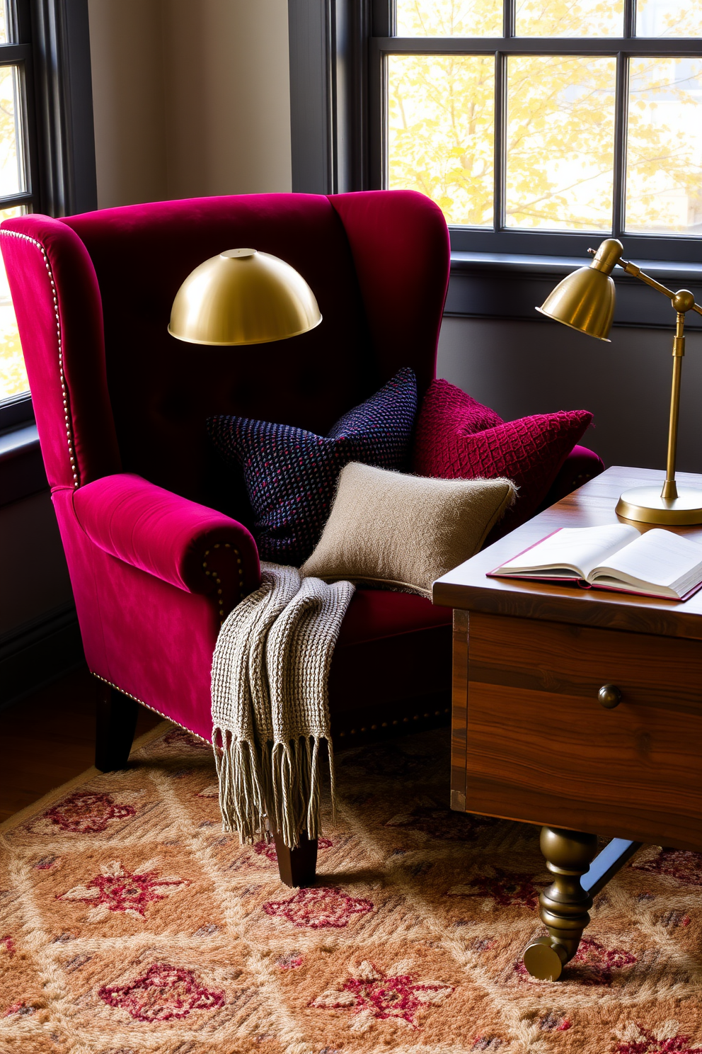 A cozy fall home office setting featuring a plush velvet armchair in deep burgundy. The desk is made of reclaimed wood with a warm finish, adorned with a brass desk lamp and an open notebook. Richly colored throw pillows in various textures are scattered across the chair, inviting comfort. A wool area rug in earthy tones anchors the space, while a window displays golden autumn leaves outside.