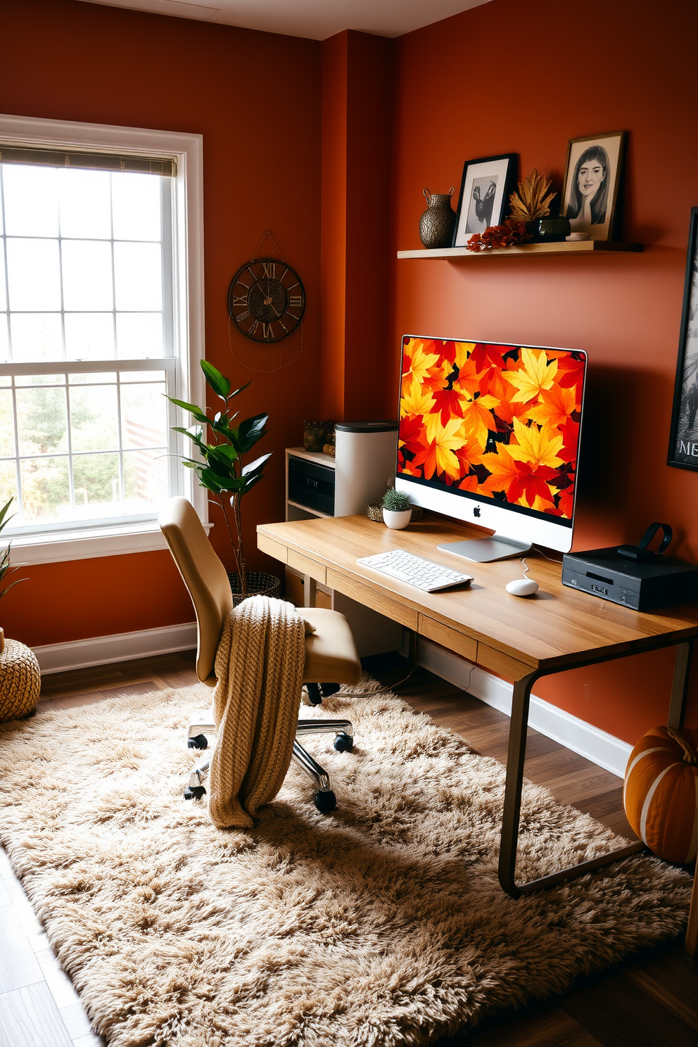 A cozy home office adorned with fall-themed decor. The walls are painted in warm autumn hues, and a large window allows natural light to flood the room. A desktop wallpaper featuring vibrant fall leaves in shades of orange, yellow, and red sets the tone. A plush, earthy-toned rug lies under a sleek wooden desk, complemented by a comfortable chair draped with a knitted throw.