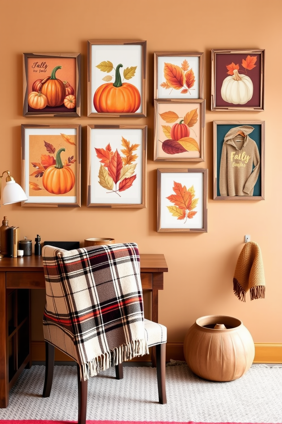 Create a gallery wall featuring a collection of vibrant fall prints showcasing pumpkins, autumn leaves, and cozy sweaters. The prints are framed in rustic wooden frames and arranged in a visually pleasing layout on a warm beige wall. Design a home office that embodies the essence of fall with rich colors and natural elements. Incorporate a wooden desk, a comfortable chair with a plaid pattern, and a decorative throw blanket draped over the chair for added warmth.